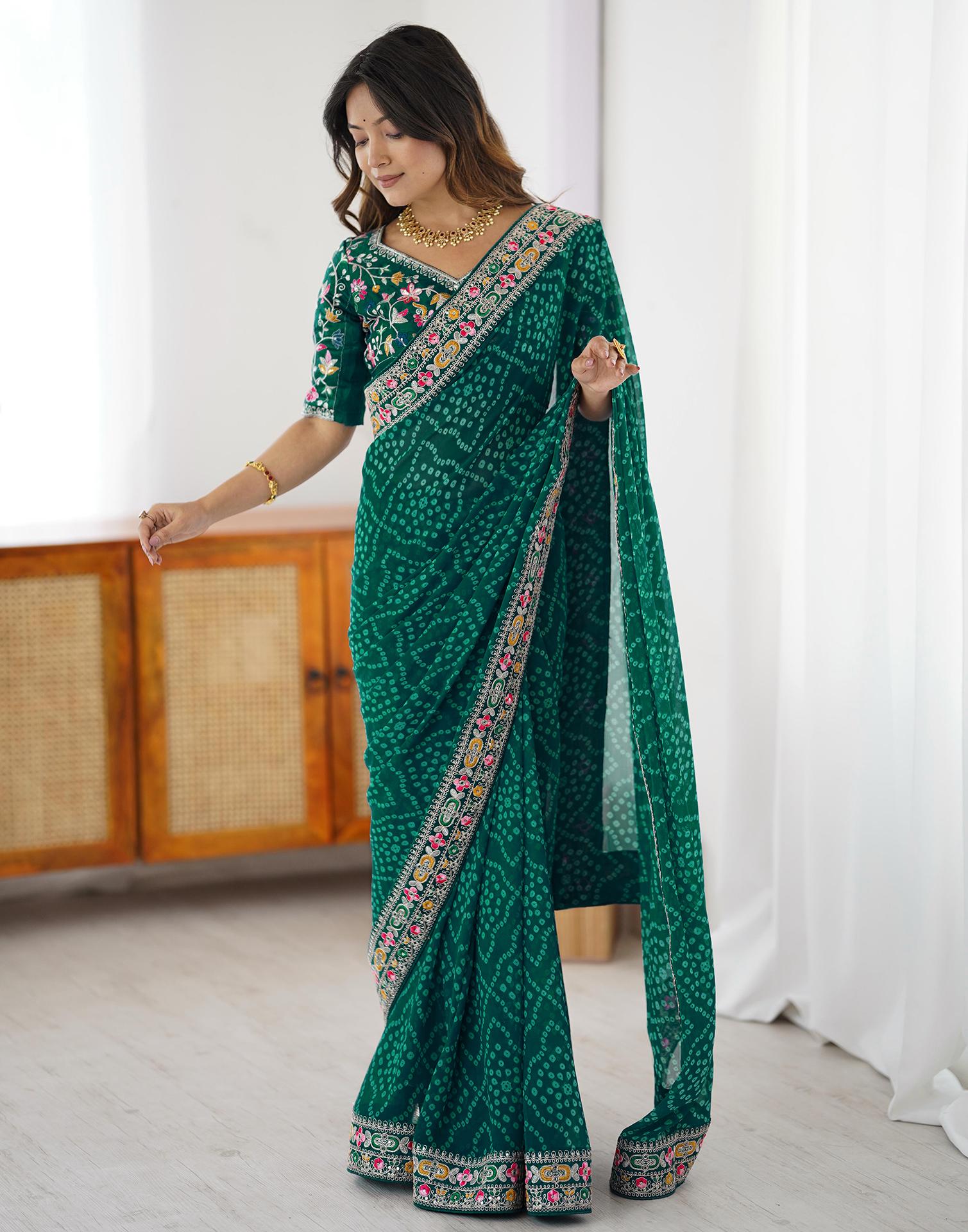 Green Georgette Printed Bandhani Saree