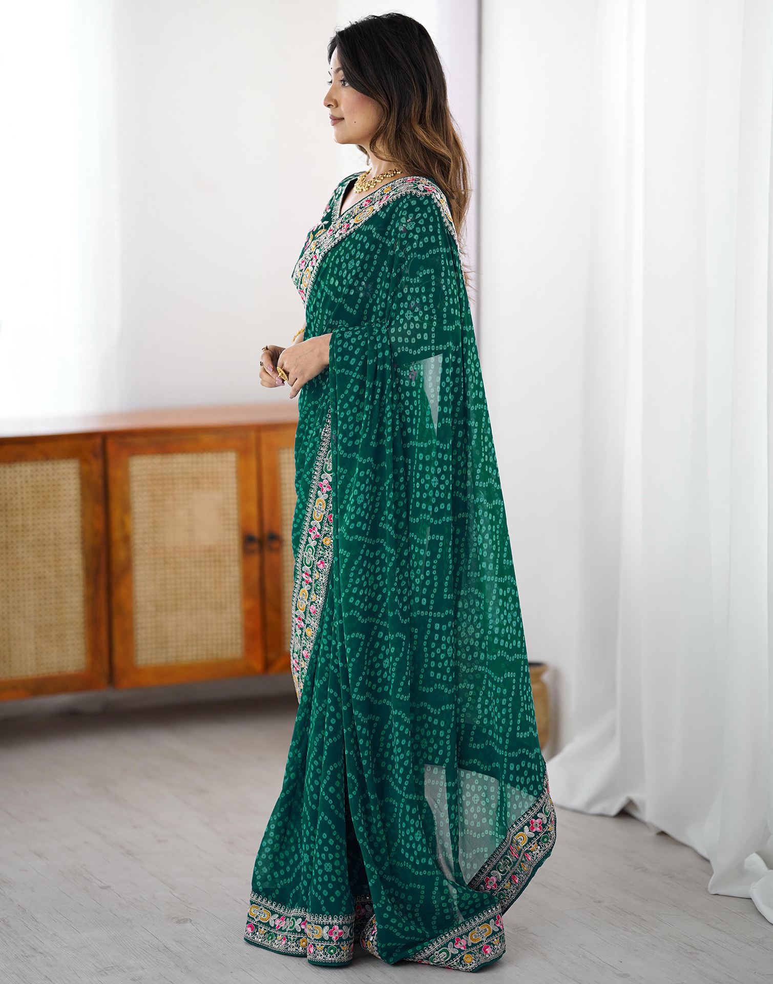 Green Georgette Printed Bandhani Saree