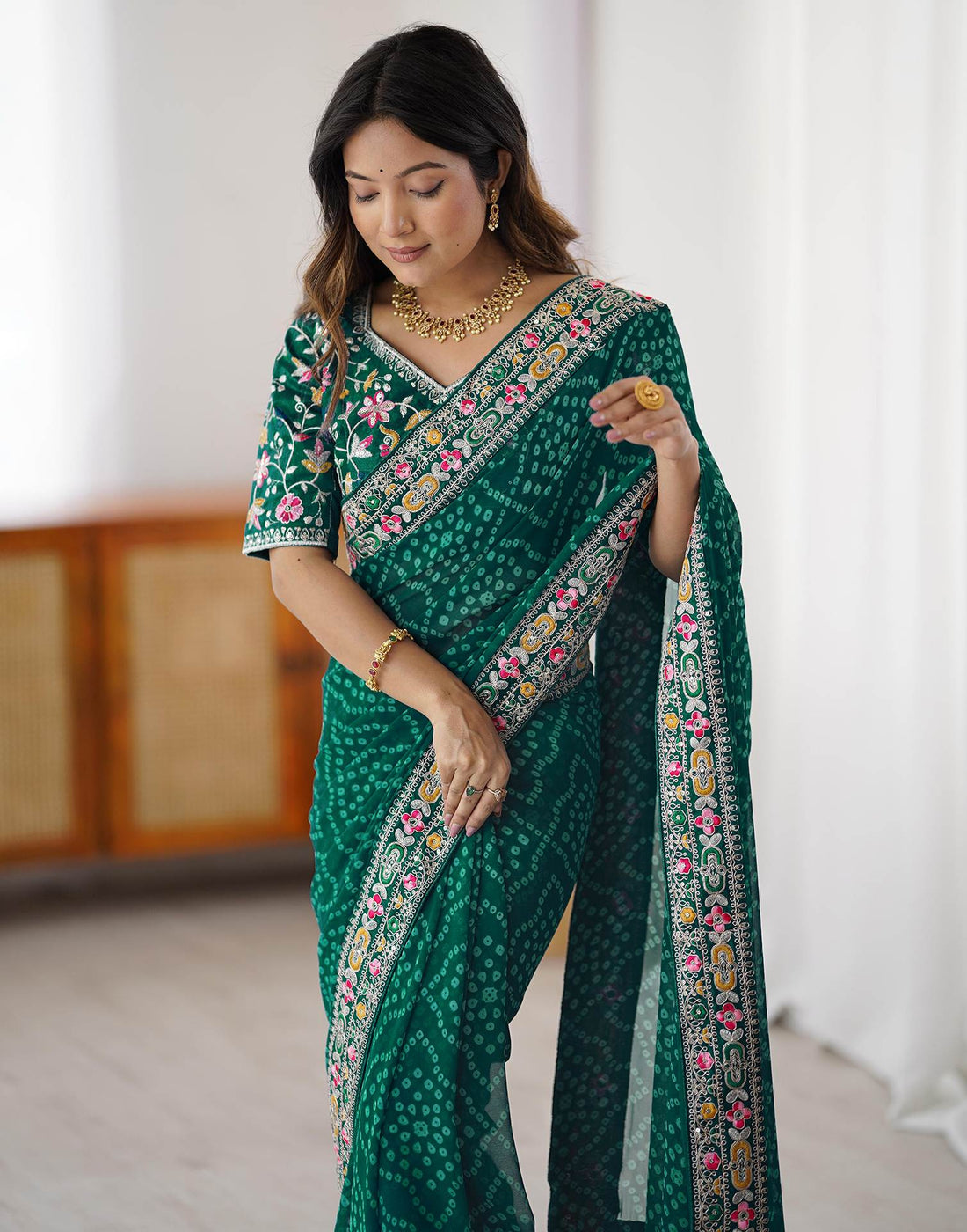 Green Georgette Printed Bandhani Saree