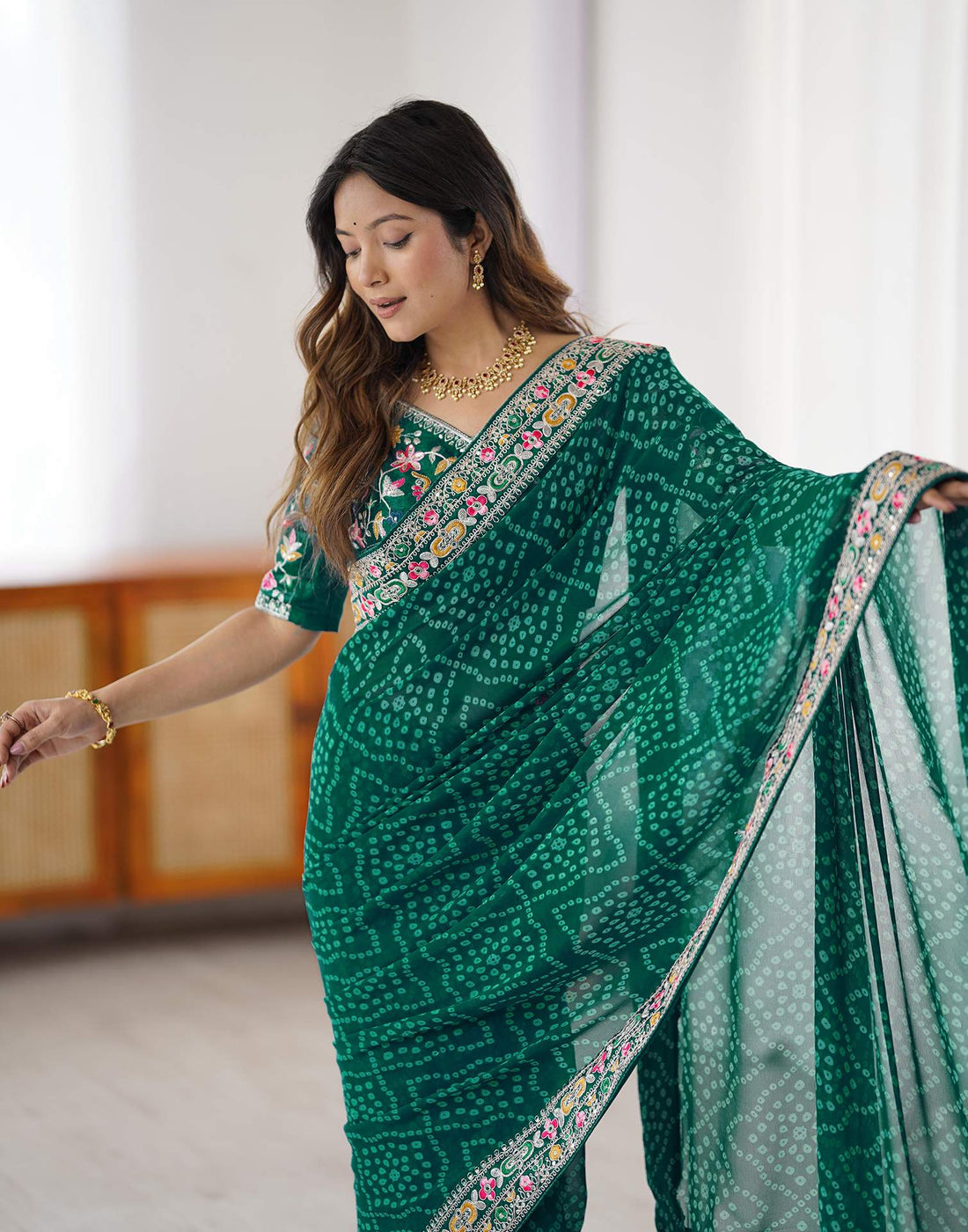 Green Georgette Printed Bandhani Saree