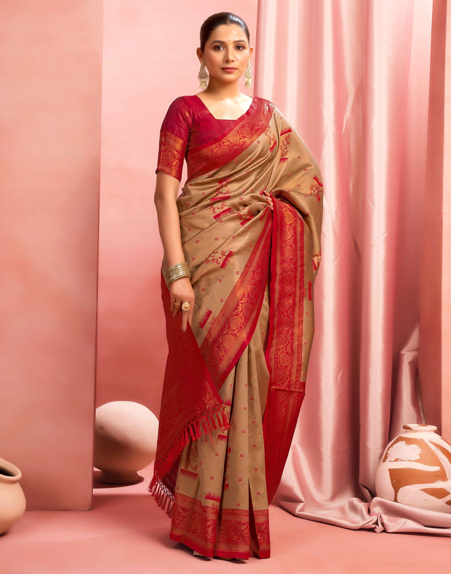Khaki Silk Woven Saree