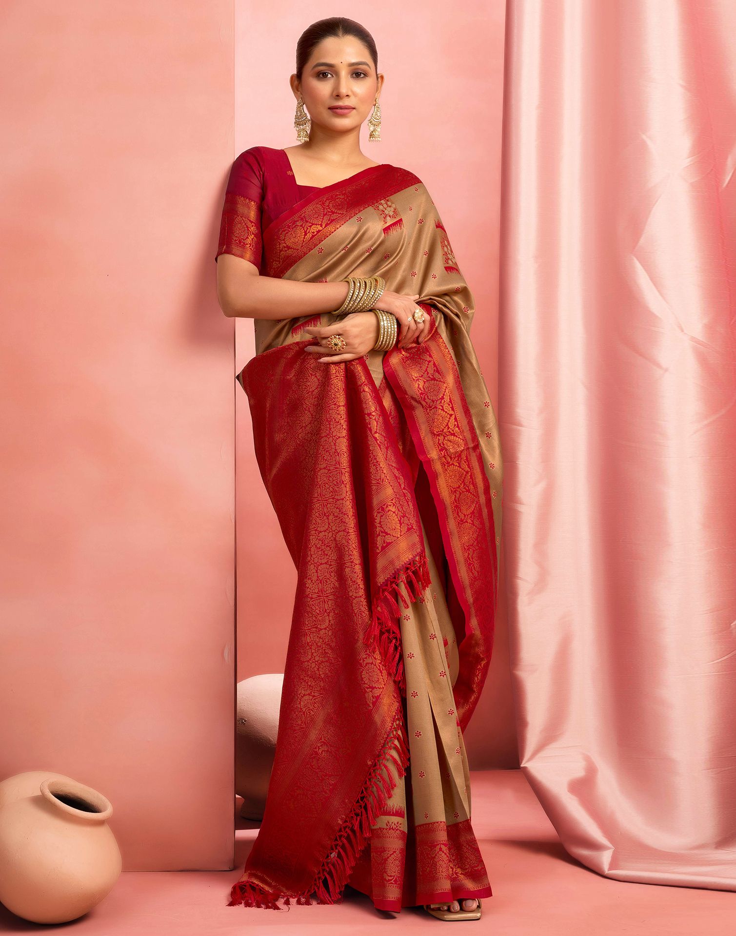 Khaki Silk Woven Saree