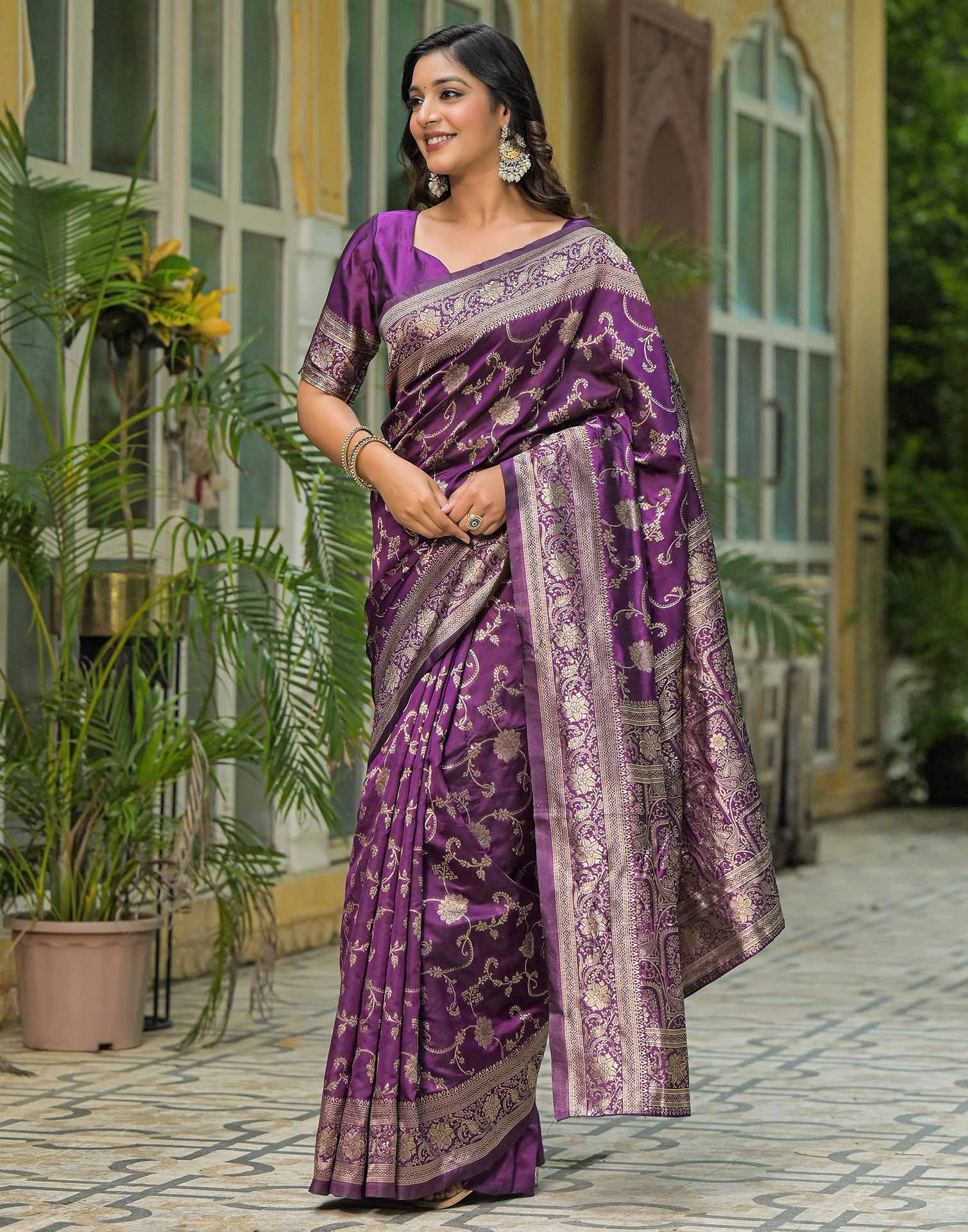 Dark Purple Silk Woven Banarasi Saree