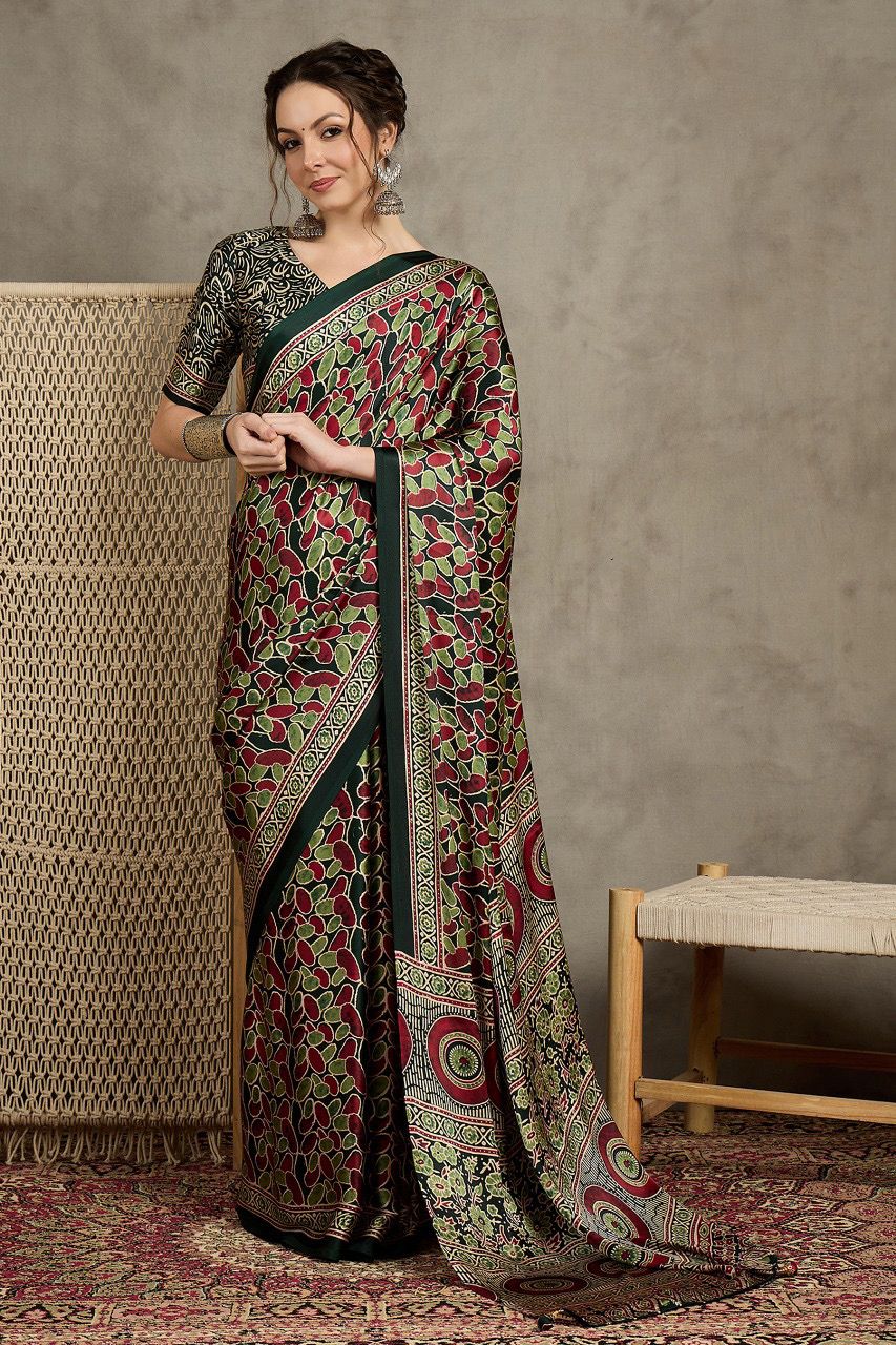 Dark Green Ajrak Crepe Block Print Sarees