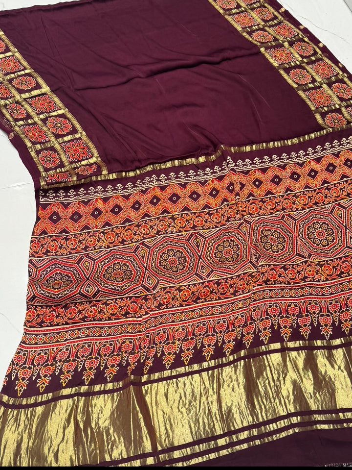 Dark Wine Ajrakh Gharchola Border Hand Block Pure Modal Silk Saree With Fancy Ajrakh And Zari Pallu