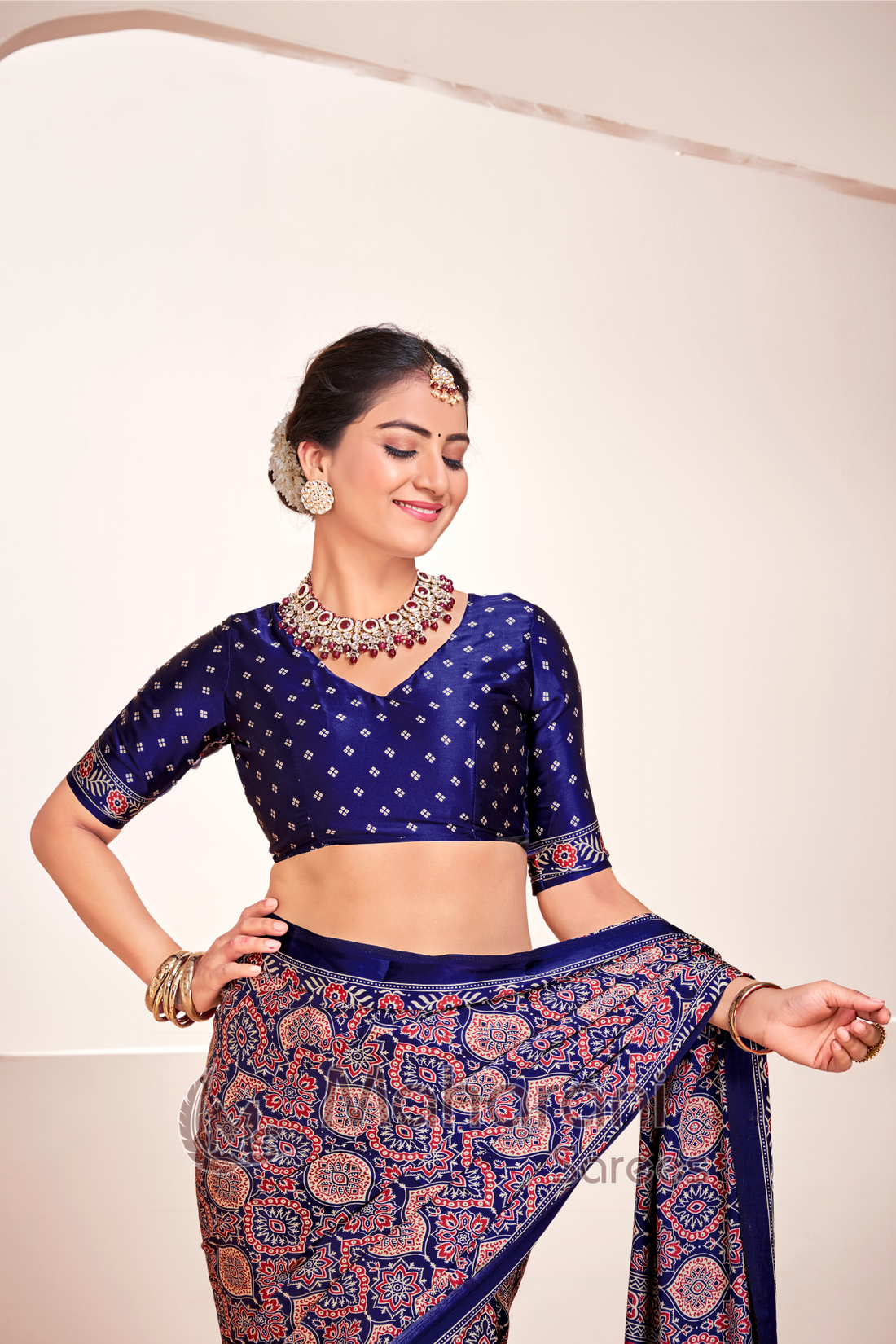 Blue Ajrakh Printed Soft Modal Silk Natural Print Saree P2-1