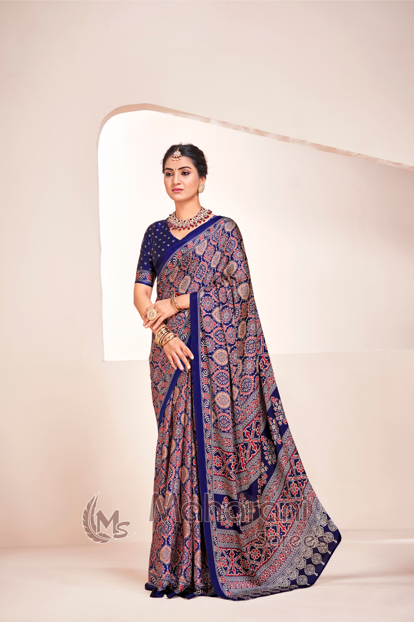 Blue Ajrakh Printed Soft Modal Silk Natural Print Saree P2-1