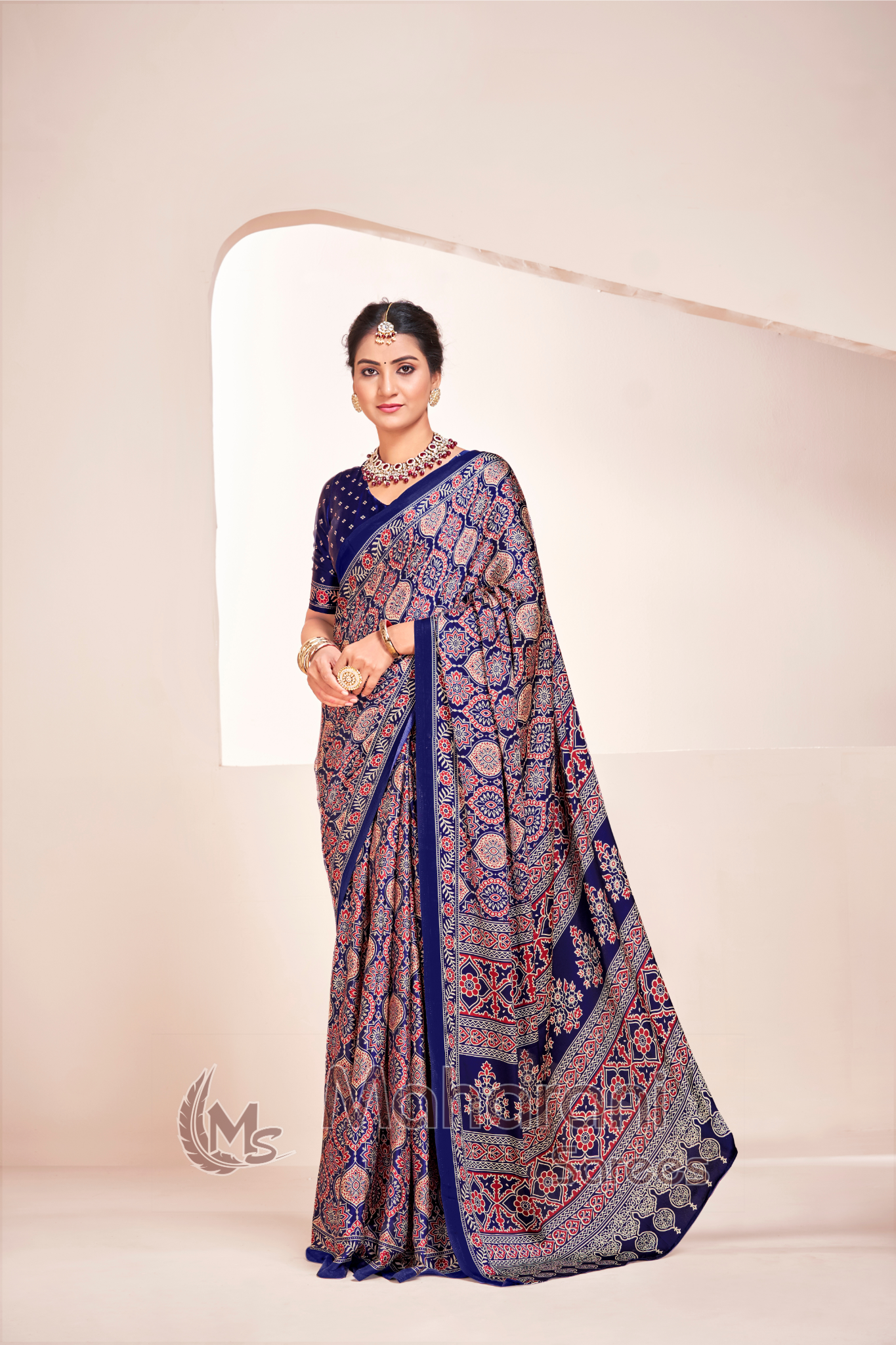 Blue Ajrakh Printed Soft Modal Silk Natural Print Saree P2-1