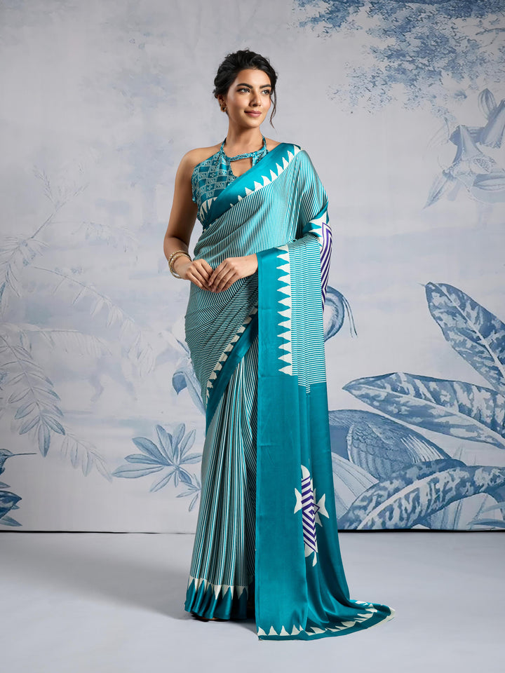 Ocean Blue Ajrakh Printed Satin Crepe Silk Saree