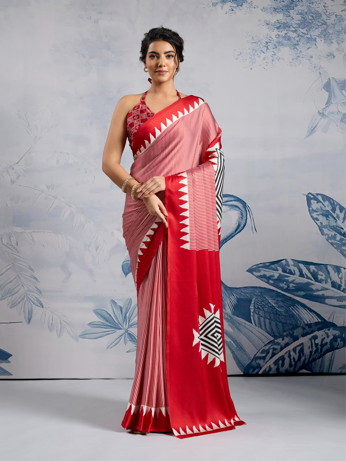 Well Red Ajrakh Printed Satin Crepe Silk Saree