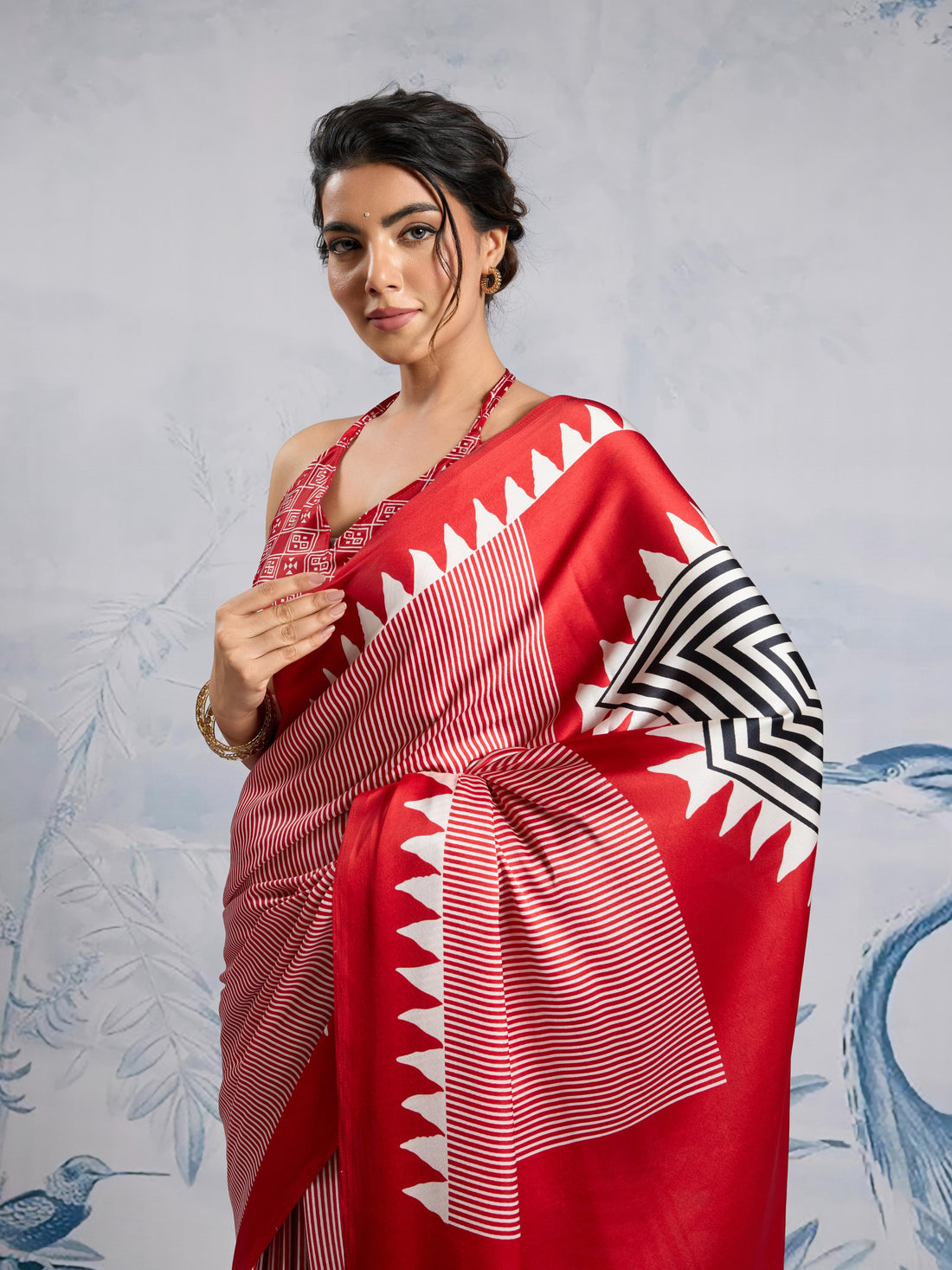 Well Red Ajrakh Printed Satin Crepe Silk Saree