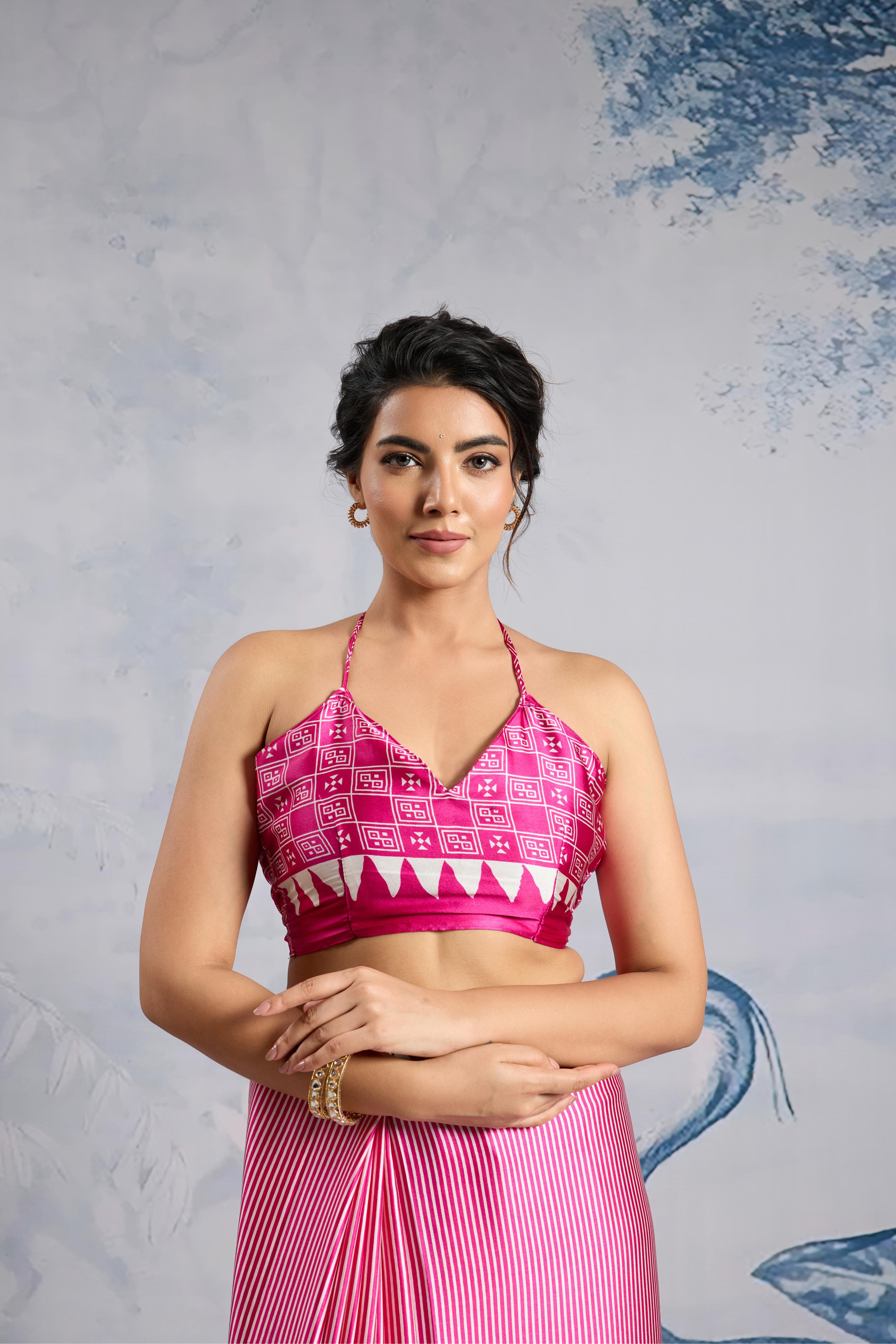 Magenta Pink Ajrakh Printed Satin Crepe Silk Saree