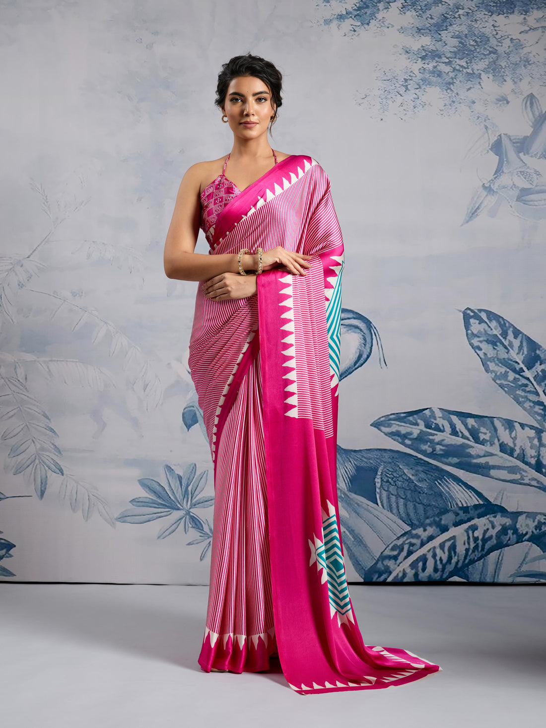 Magenta Pink Ajrakh Printed Satin Crepe Silk Saree