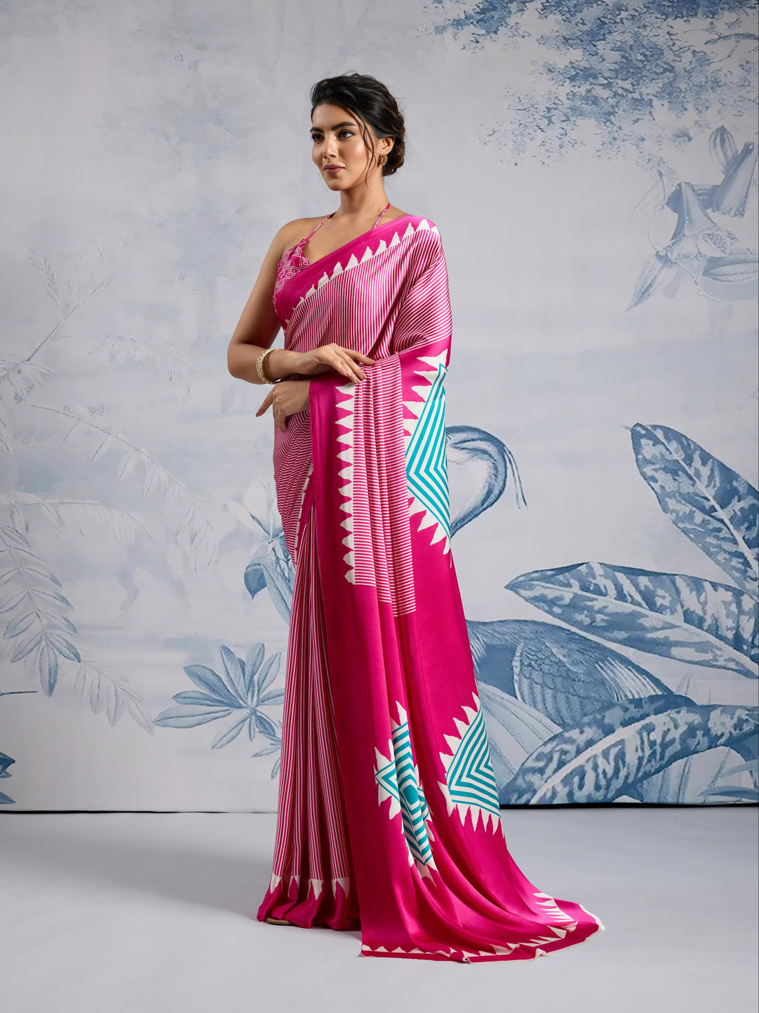 Magenta Pink Ajrakh Printed Satin Crepe Silk Saree
