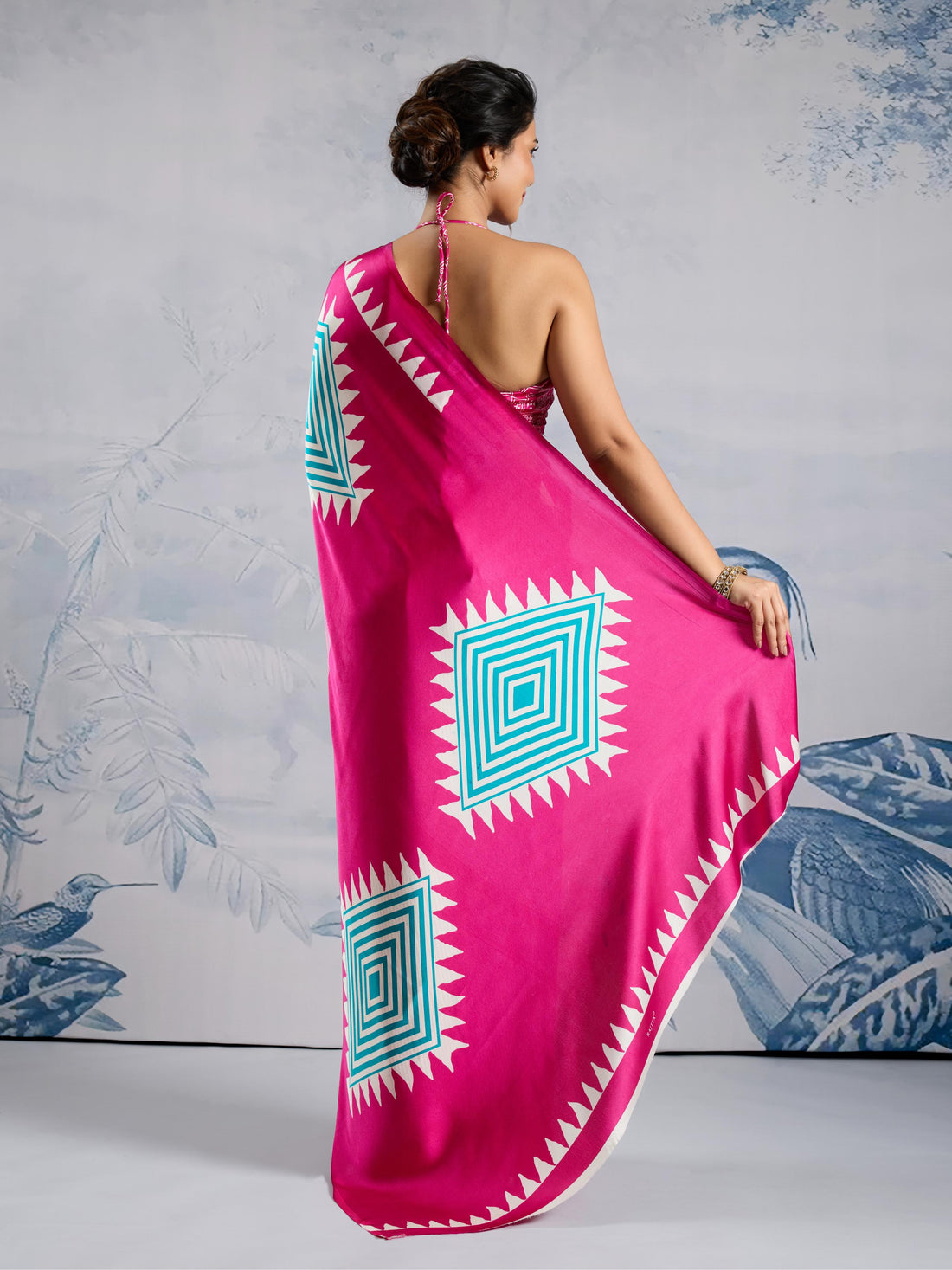 Magenta Pink Ajrakh Printed Satin Crepe Silk Saree