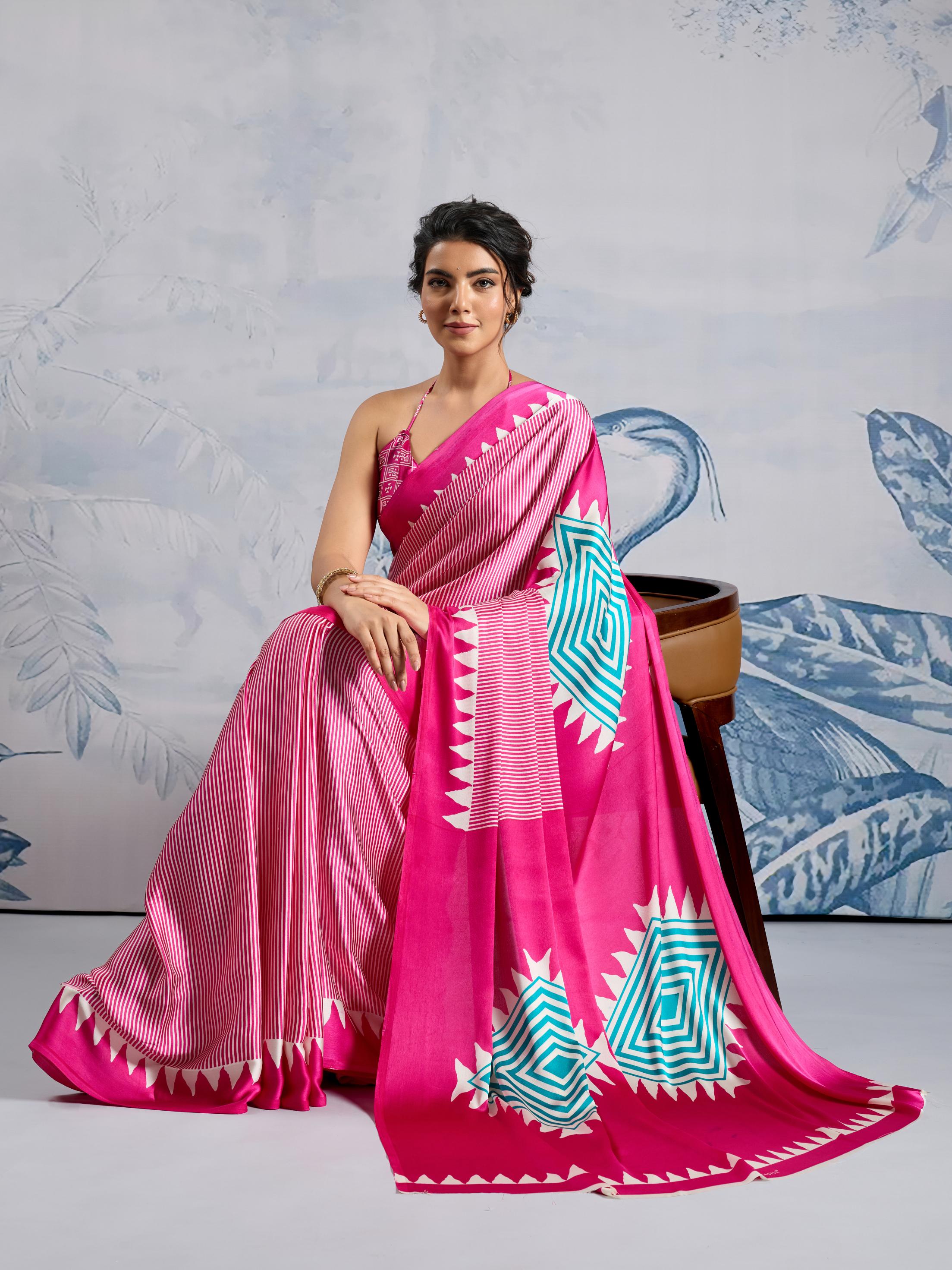 Magenta Pink Ajrakh Printed Satin Crepe Silk Saree