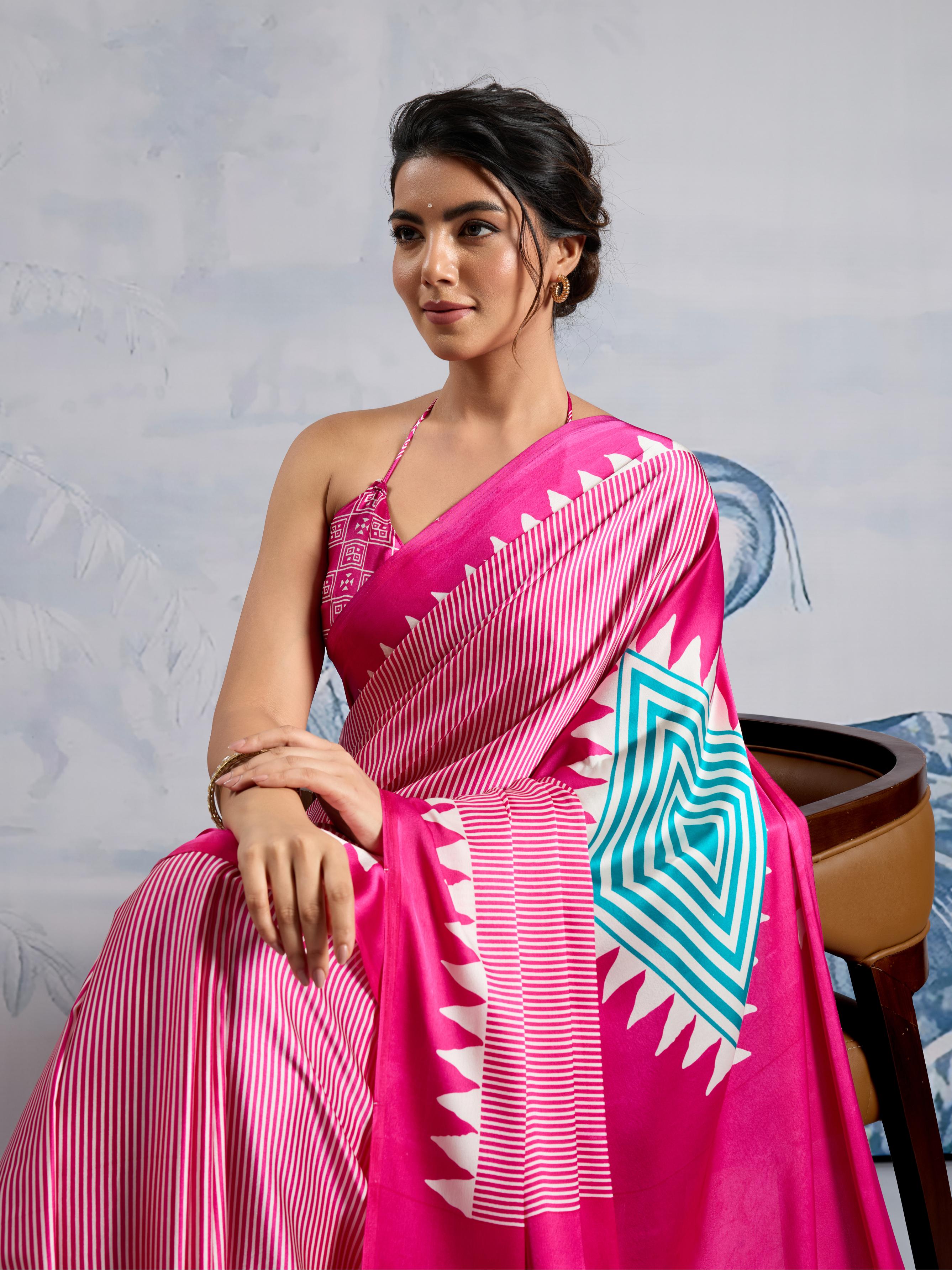 Magenta Pink Ajrakh Printed Satin Crepe Silk Saree