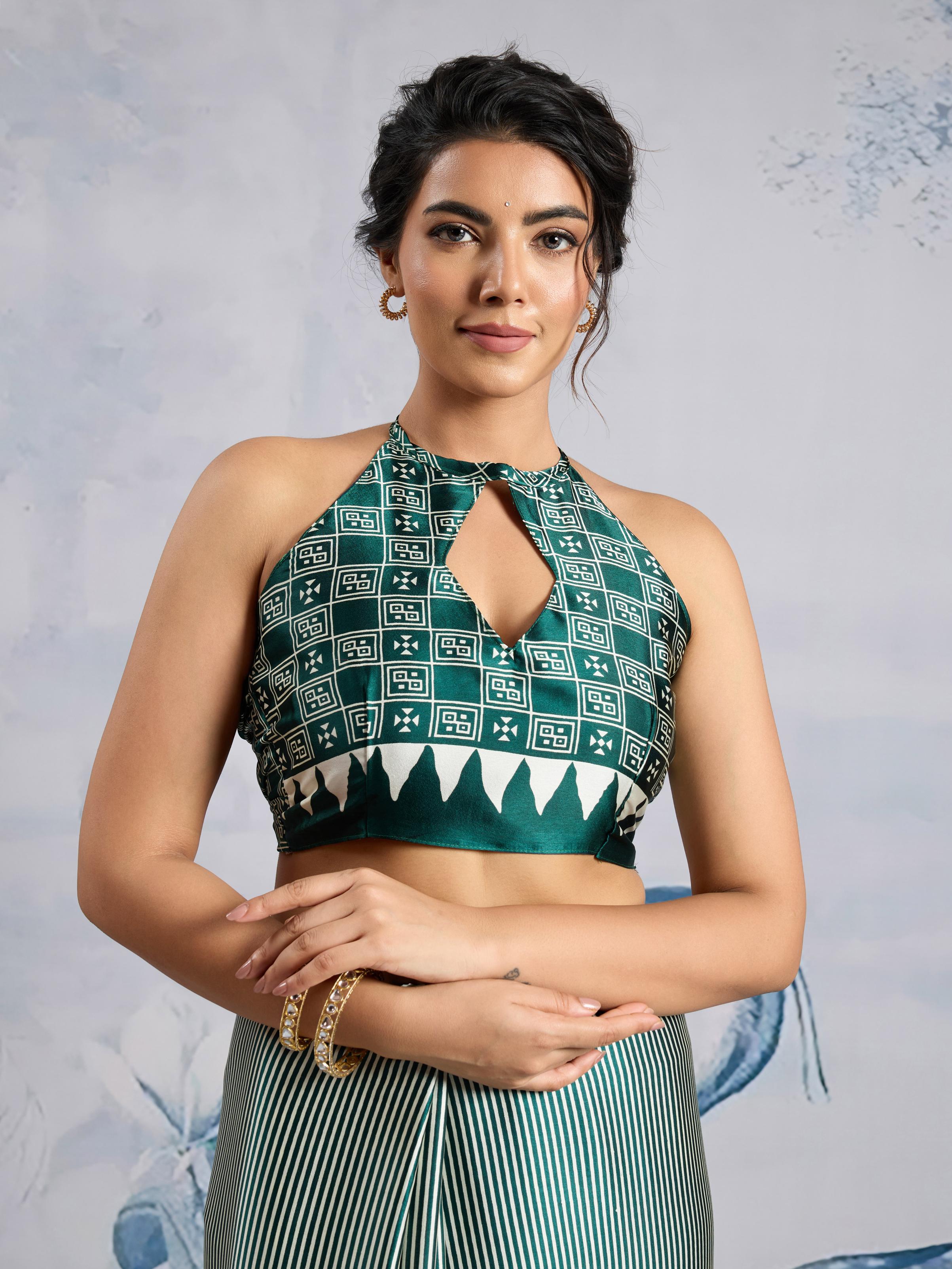 Hellebores Green Ajrakh Printed Satin Crepe Silk Saree