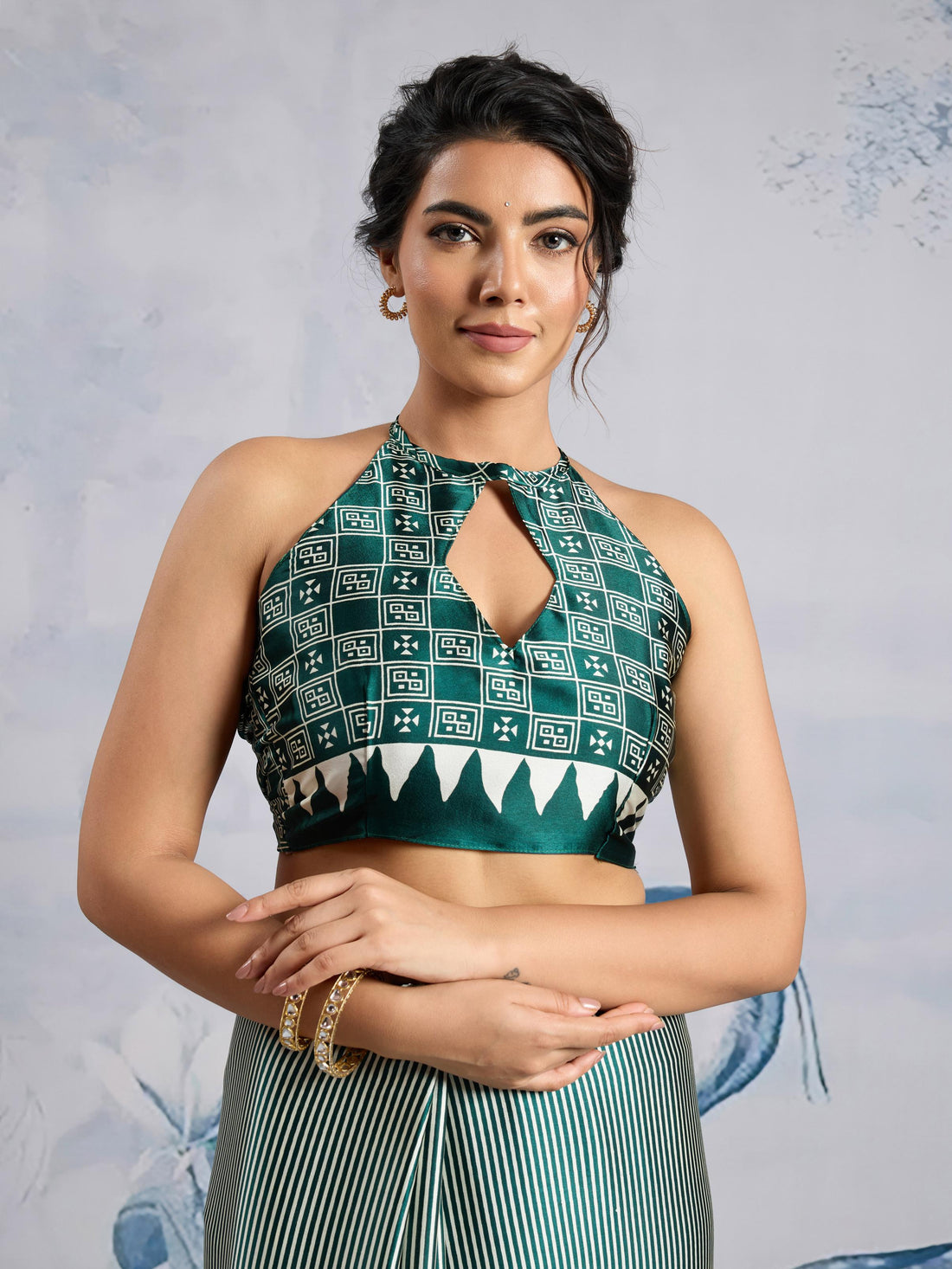 Hellebores Green Ajrakh Printed Satin Crepe Silk Saree