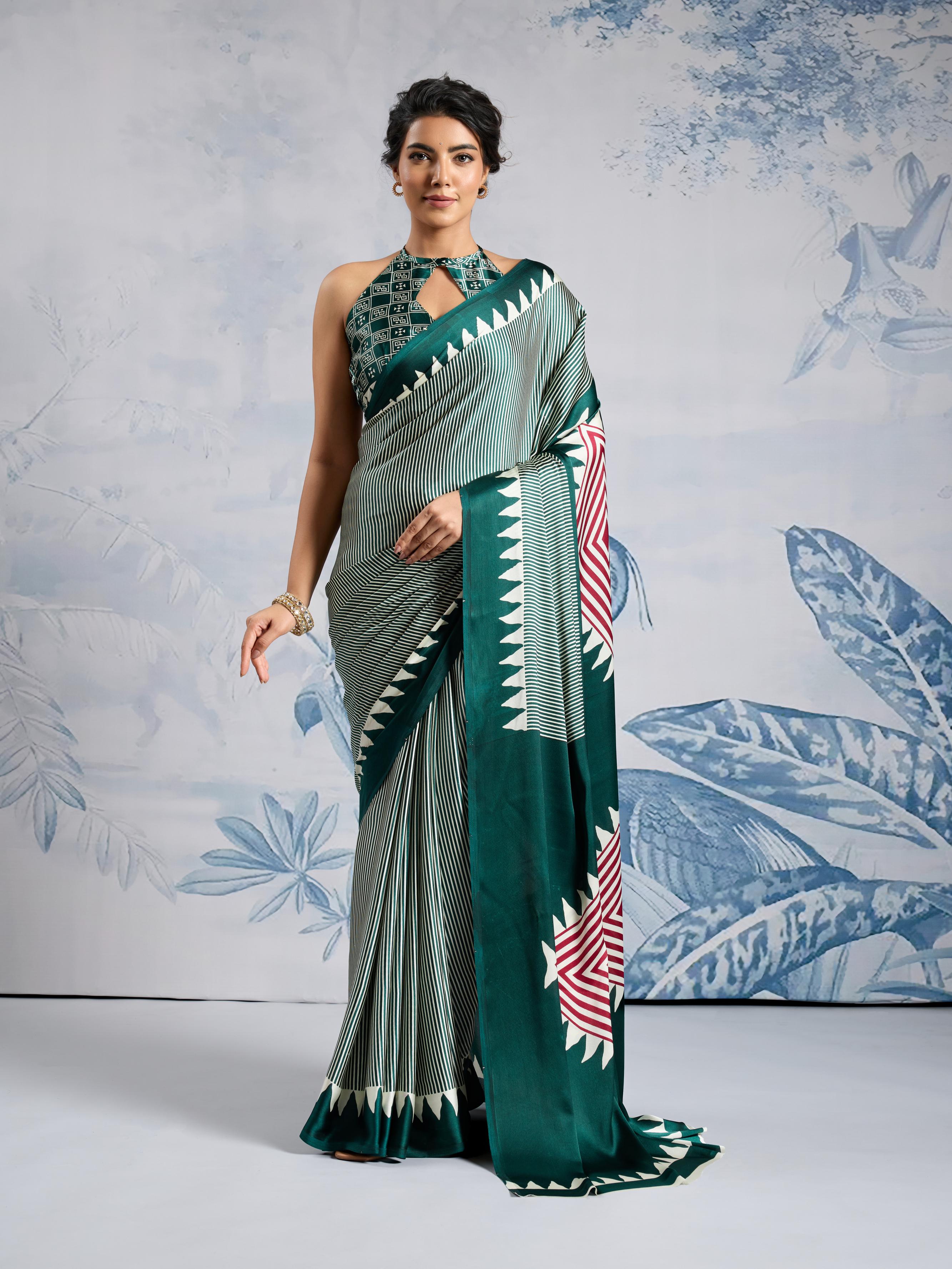 Hellebores Green Ajrakh Printed Satin Crepe Silk Saree