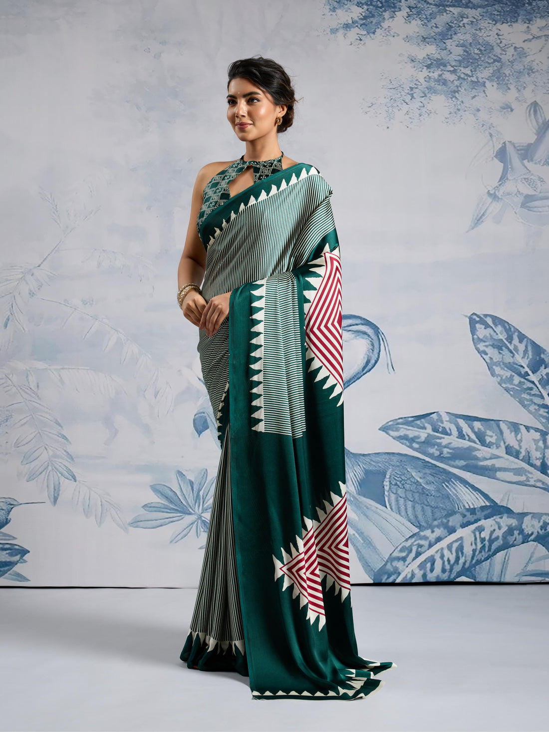 Hellebores Green Ajrakh Printed Satin Crepe Silk Saree