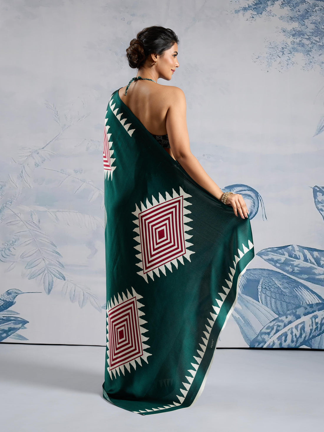 Hellebores Green Ajrakh Printed Satin Crepe Silk Saree