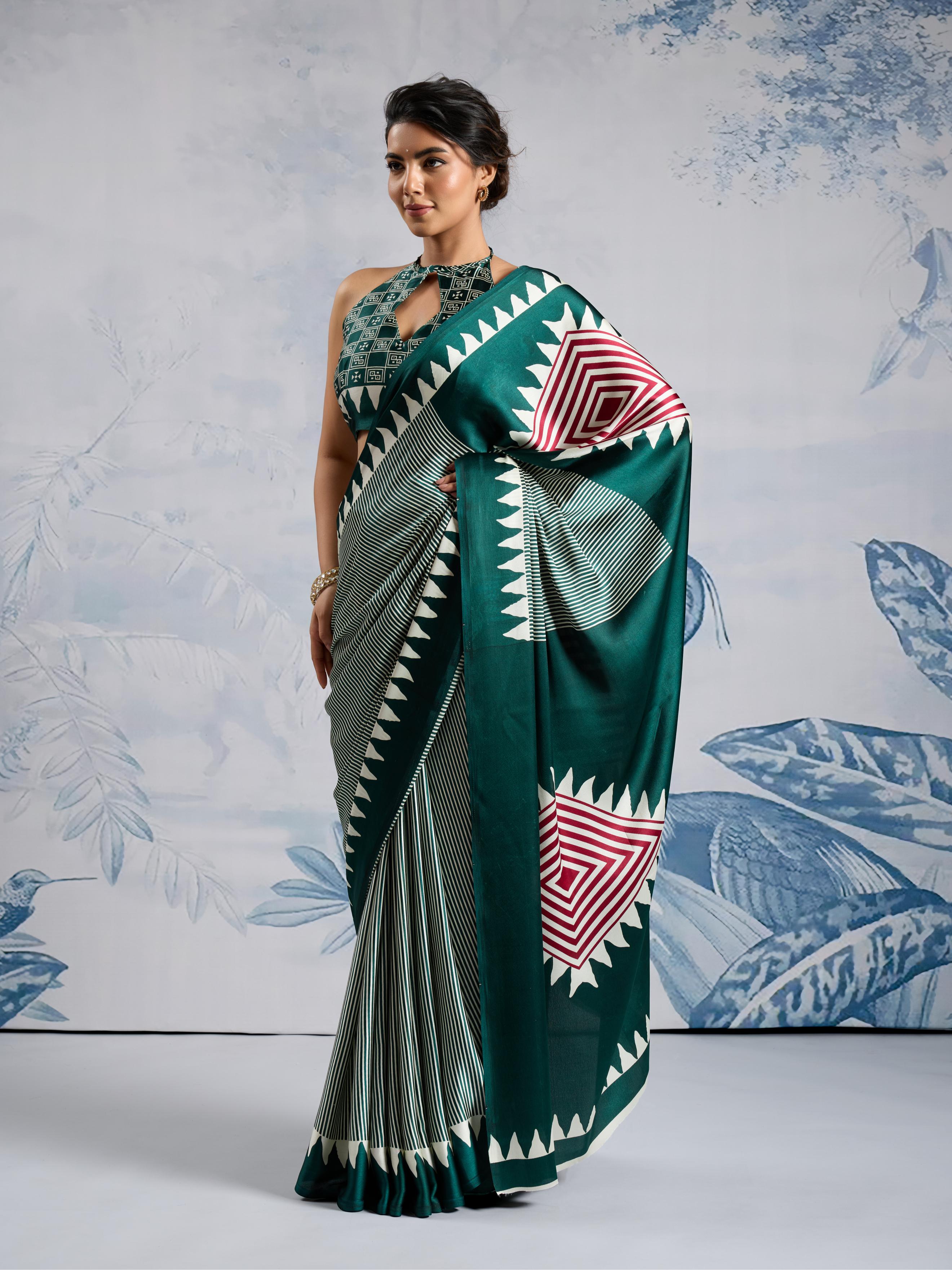Hellebores Green Ajrakh Printed Satin Crepe Silk Saree