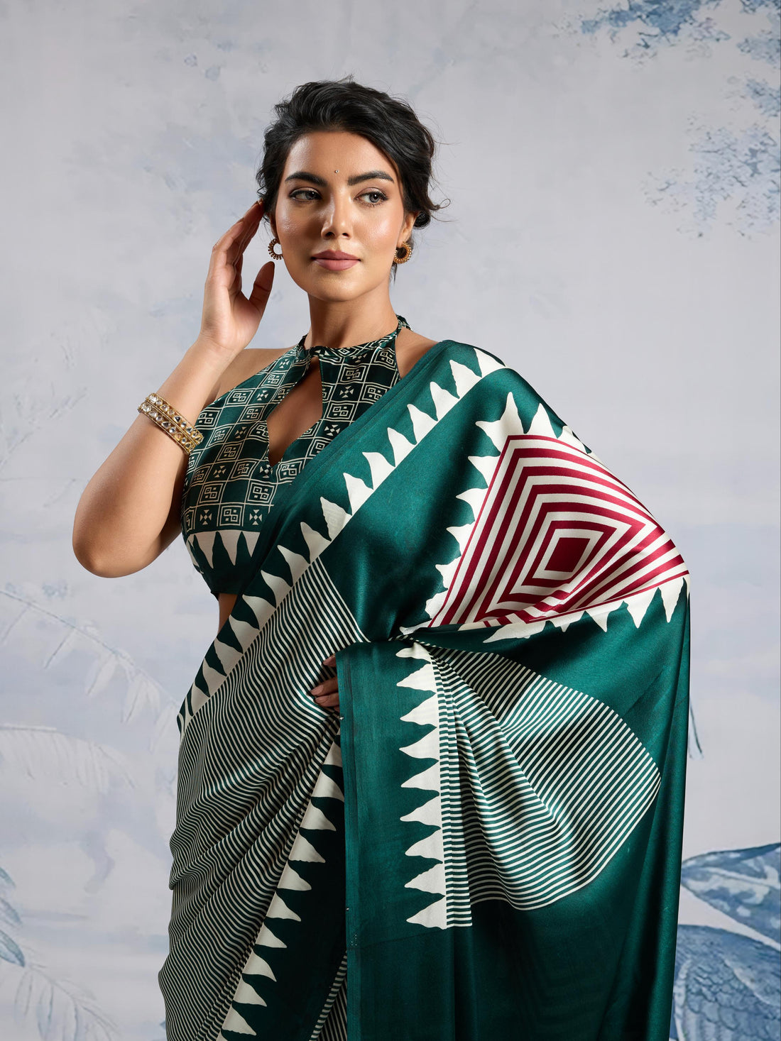 Hellebores Green Ajrakh Printed Satin Crepe Silk Saree