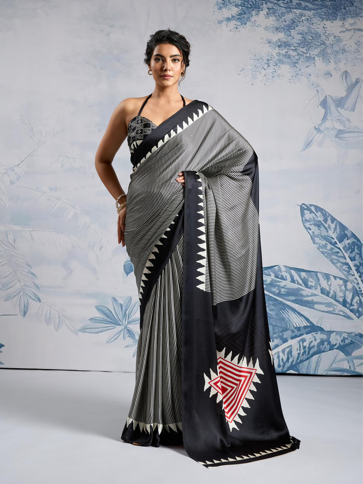 Asphalt Black Ajrakh Printed Satin Crepe Silk Saree