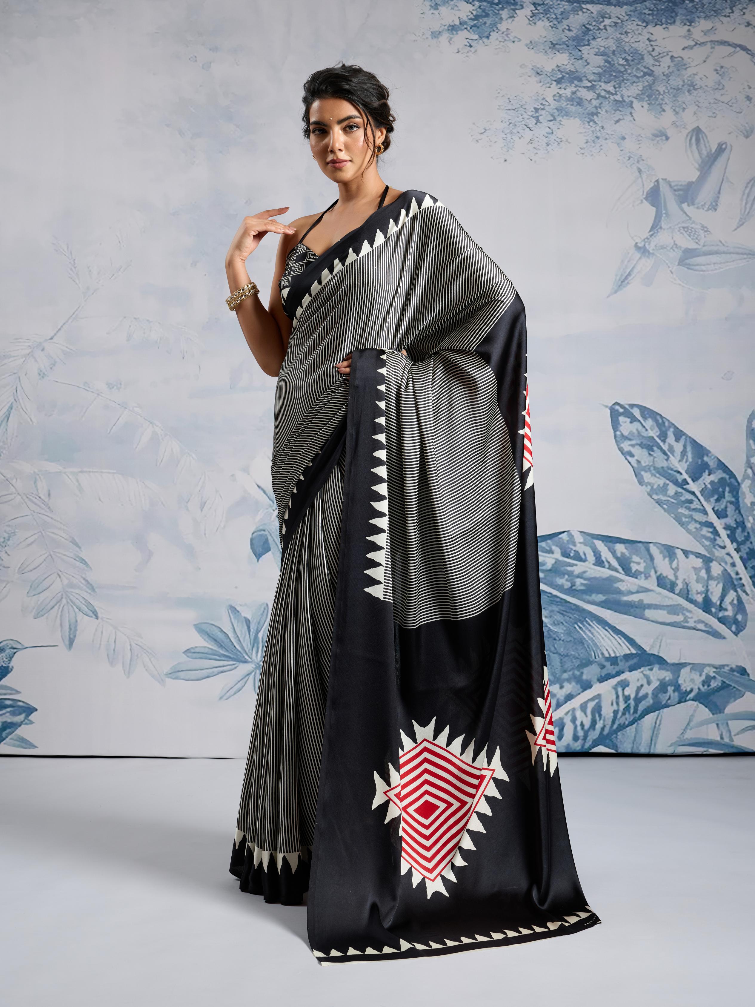 Asphalt Black Ajrakh Printed Satin Crepe Silk Saree