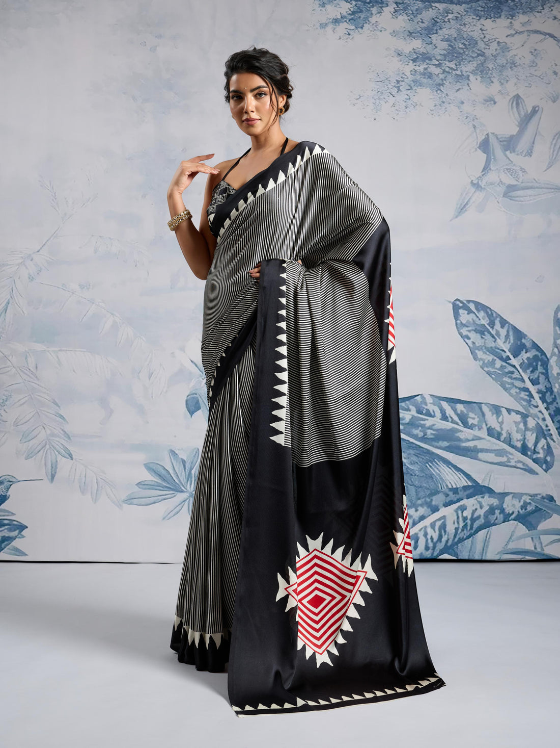 Asphalt Black Ajrakh Printed Satin Crepe Silk Saree