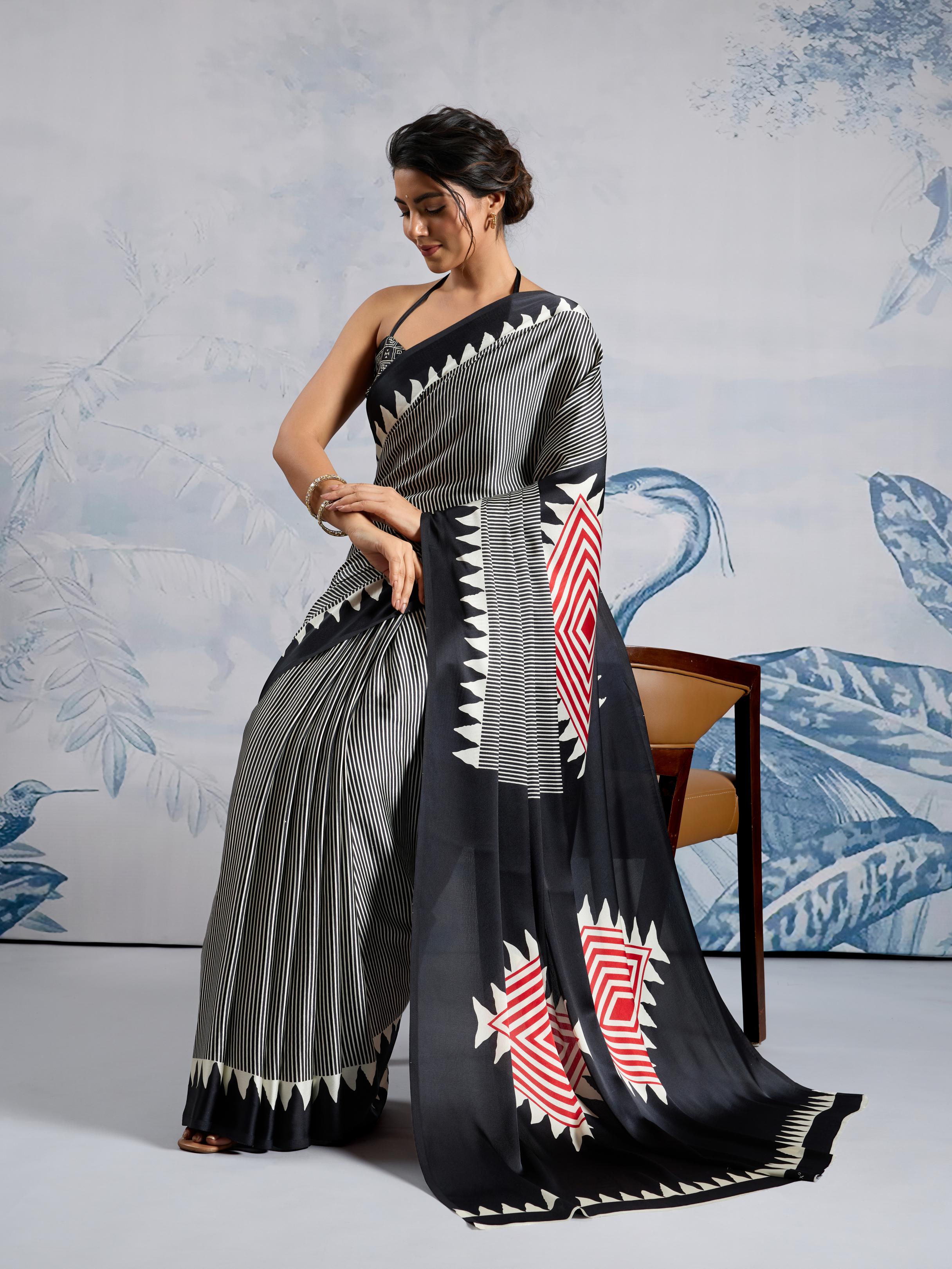 Asphalt Black Ajrakh Printed Satin Crepe Silk Saree