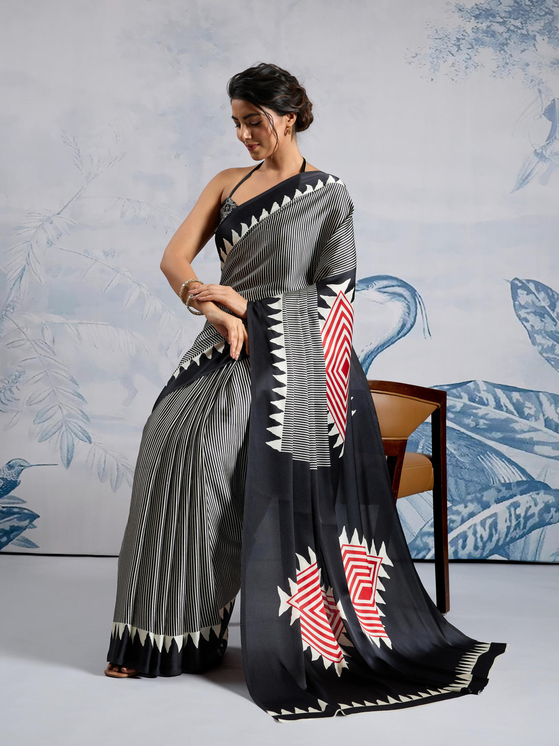 Asphalt Black Ajrakh Printed Satin Crepe Silk Saree