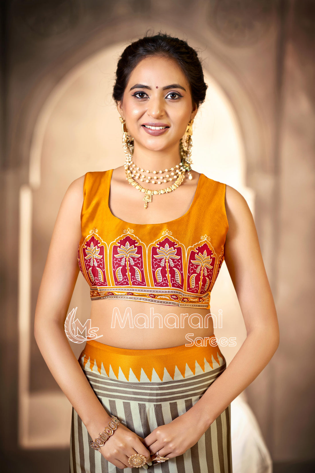 Cream With Yellow Border Ajrakh Hand-Printed Modal Silk Saree