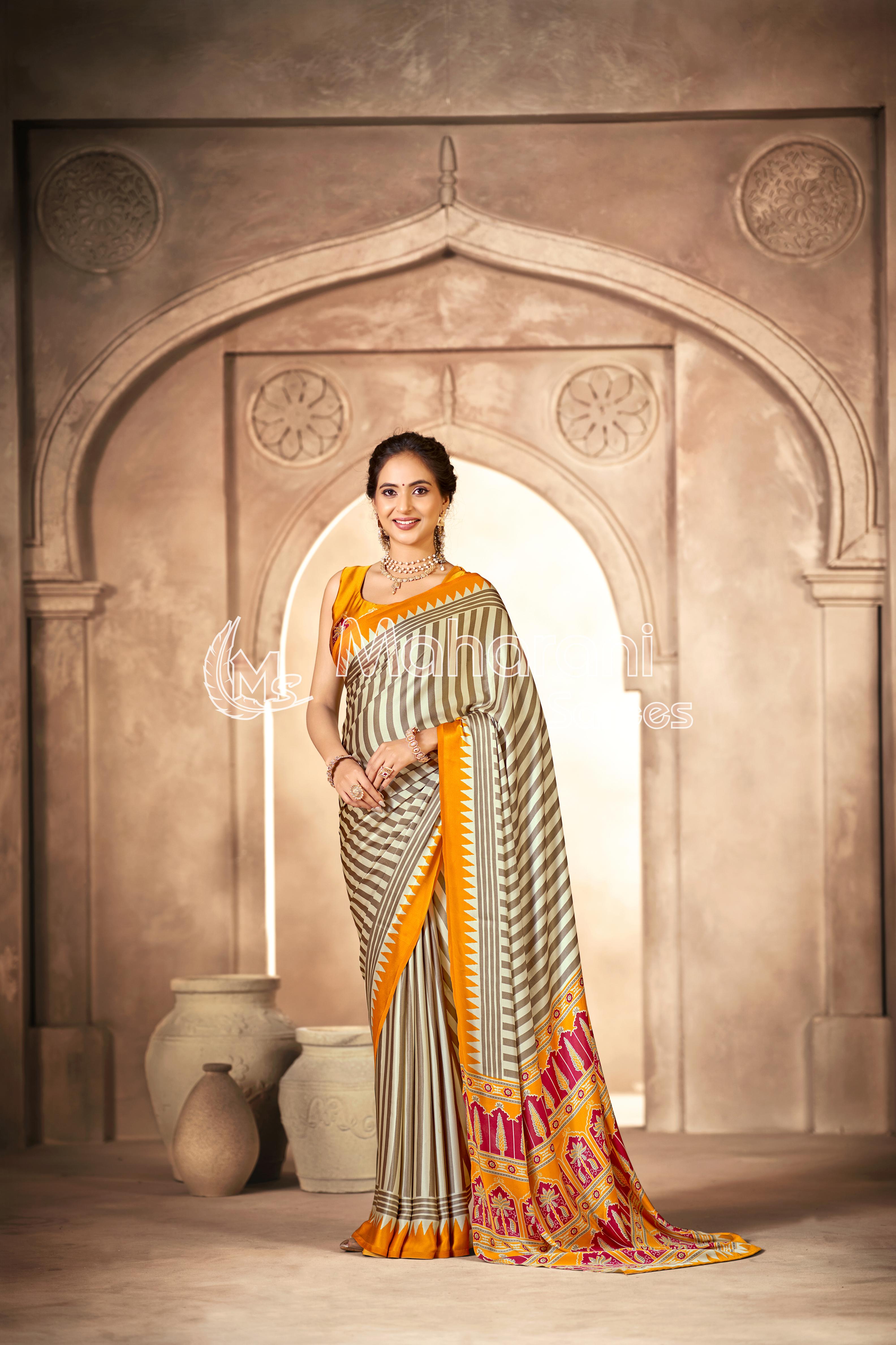 Cream With Yellow Border Ajrakh Hand-Printed Modal Silk Saree