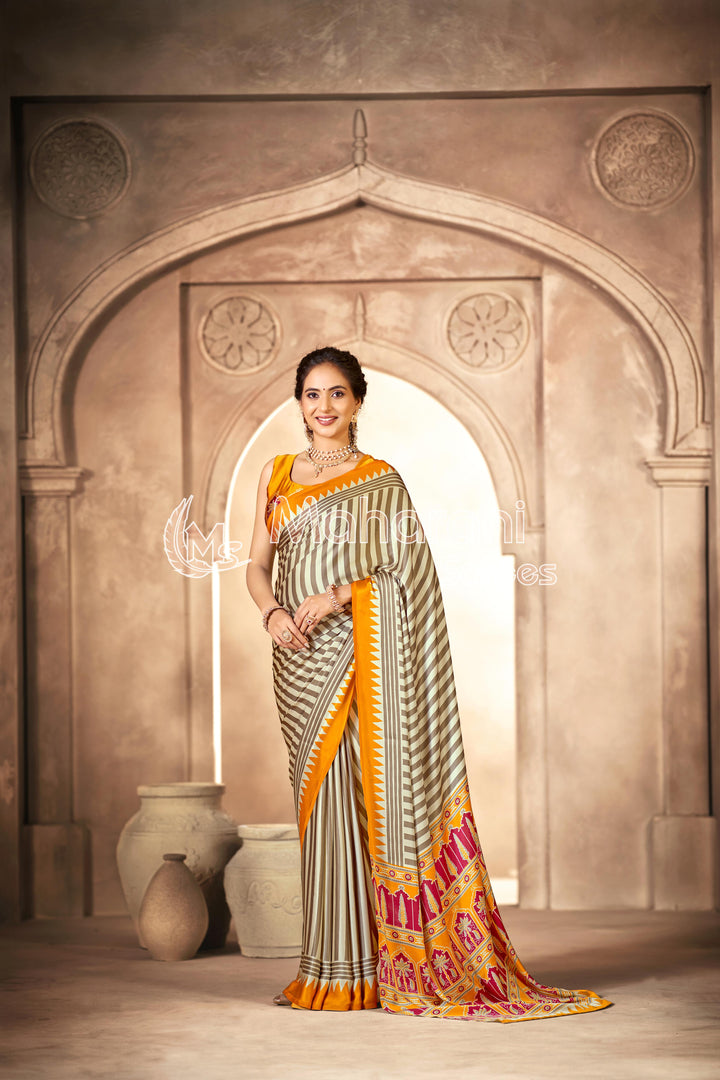 Cream With Yellow Border Ajrakh Hand-Printed Modal Silk Saree