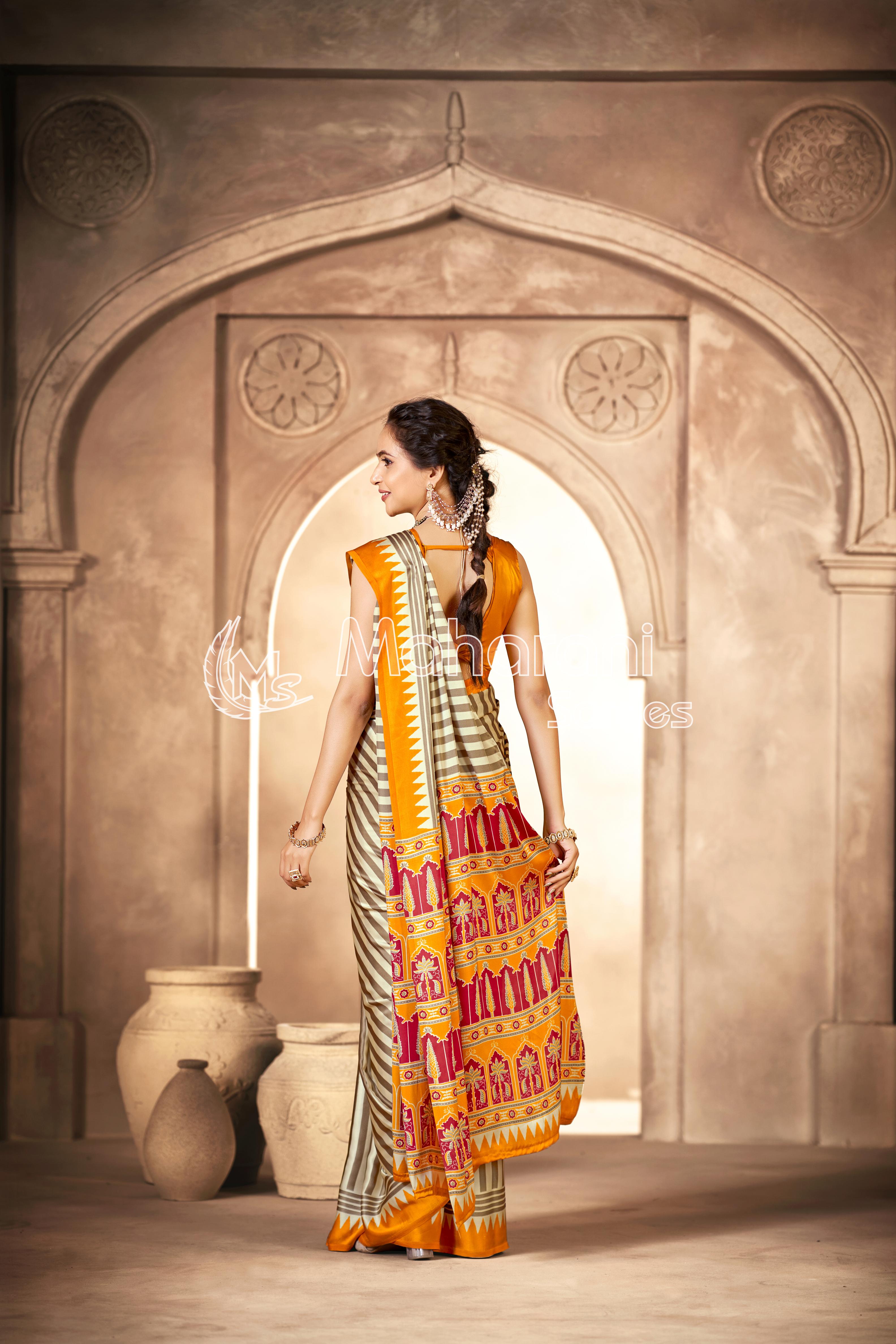 Cream With Yellow Border Ajrakh Hand-Printed Modal Silk Saree