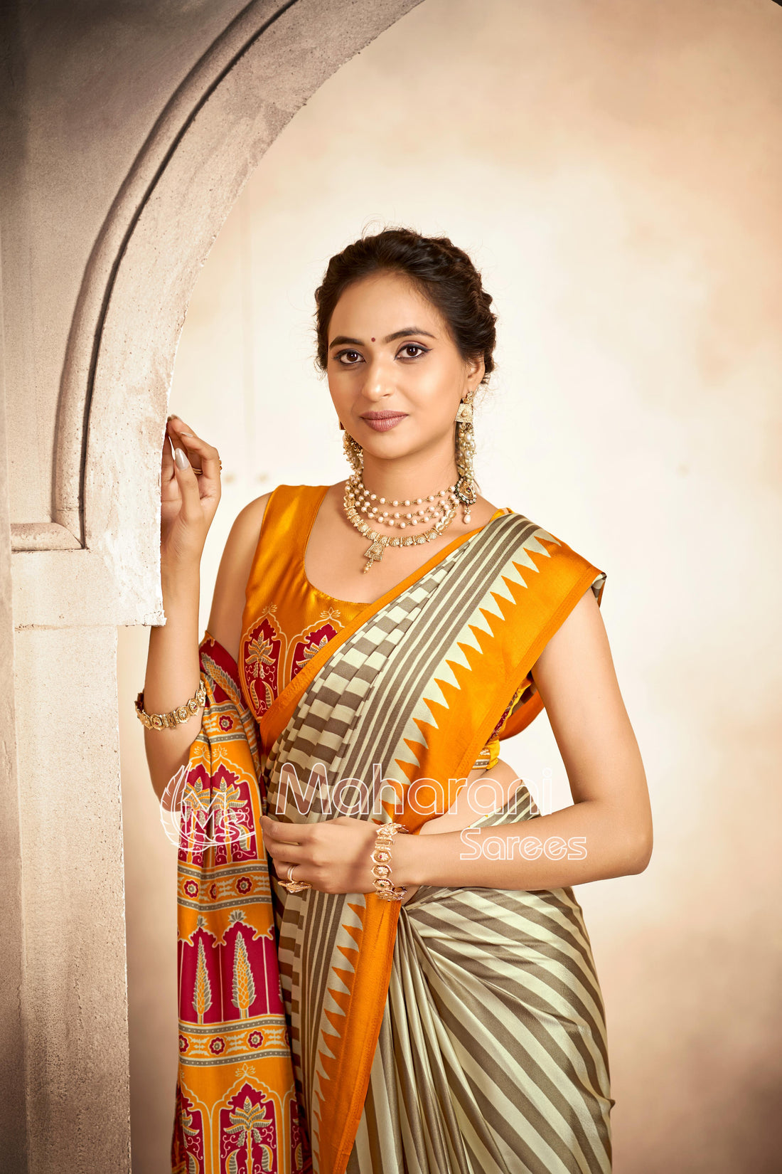 Cream With Yellow Border Ajrakh Hand-Printed Modal Silk Saree