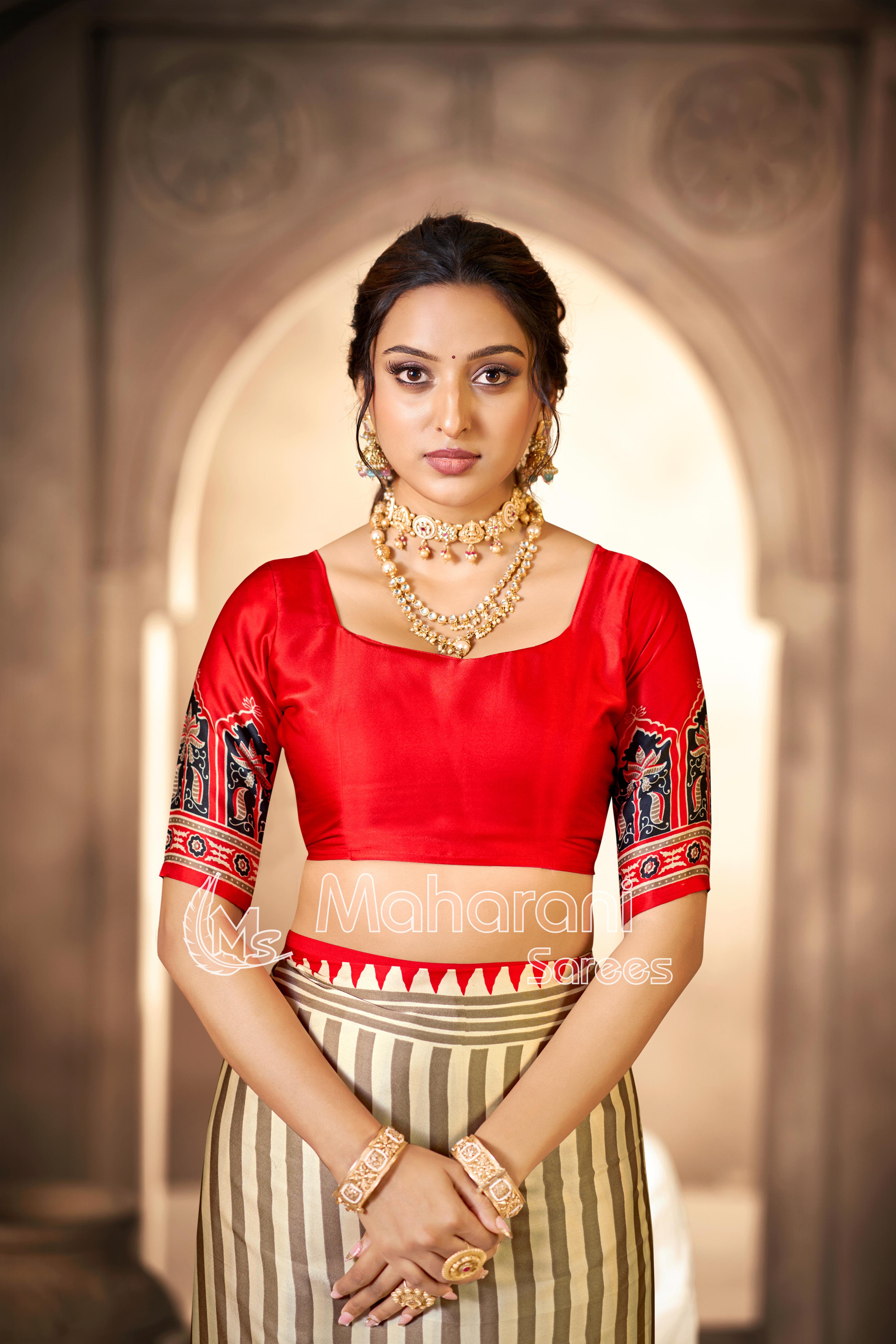 Cream With Red Border Ajrakh Hand-Printed Modal Silk Saree