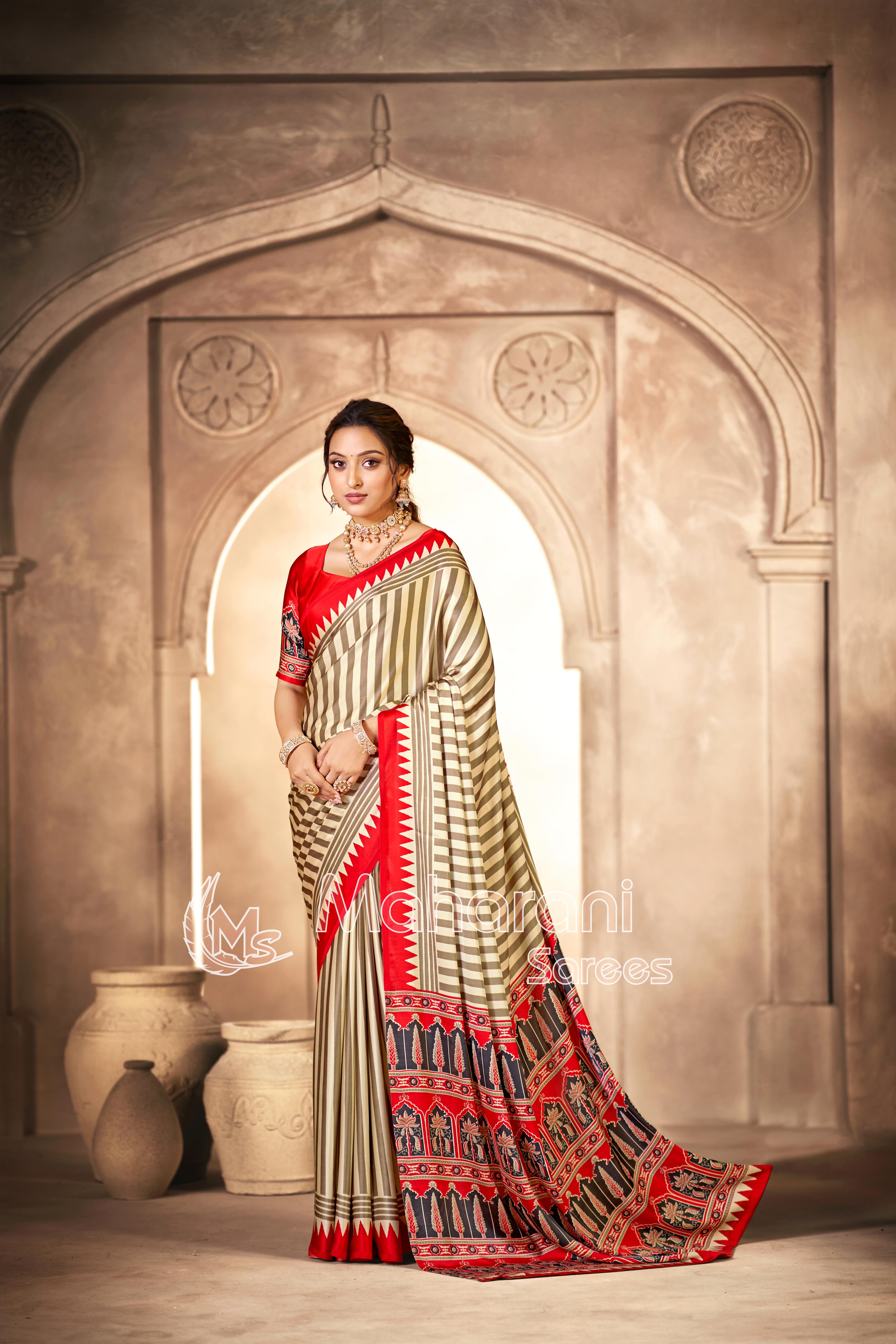 Cream With Red Border Ajrakh Hand-Printed Modal Silk Saree