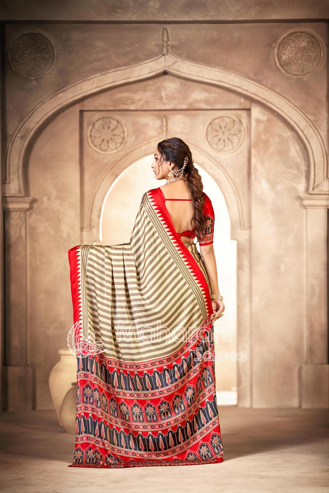 Cream With Red Border Ajrakh Hand-Printed Modal Silk Saree
