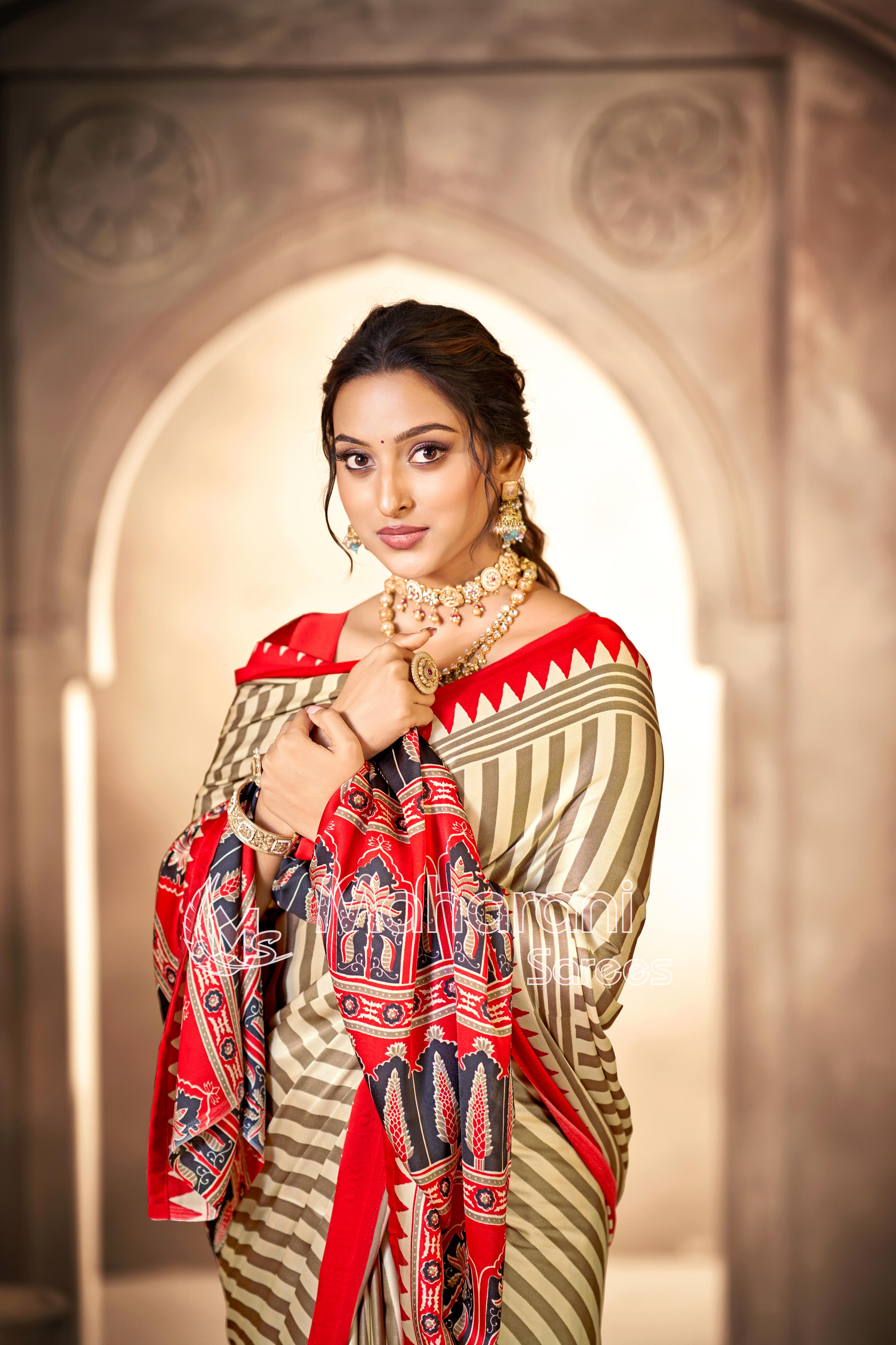 Cream With Red Border Ajrakh Hand-Printed Modal Silk Saree