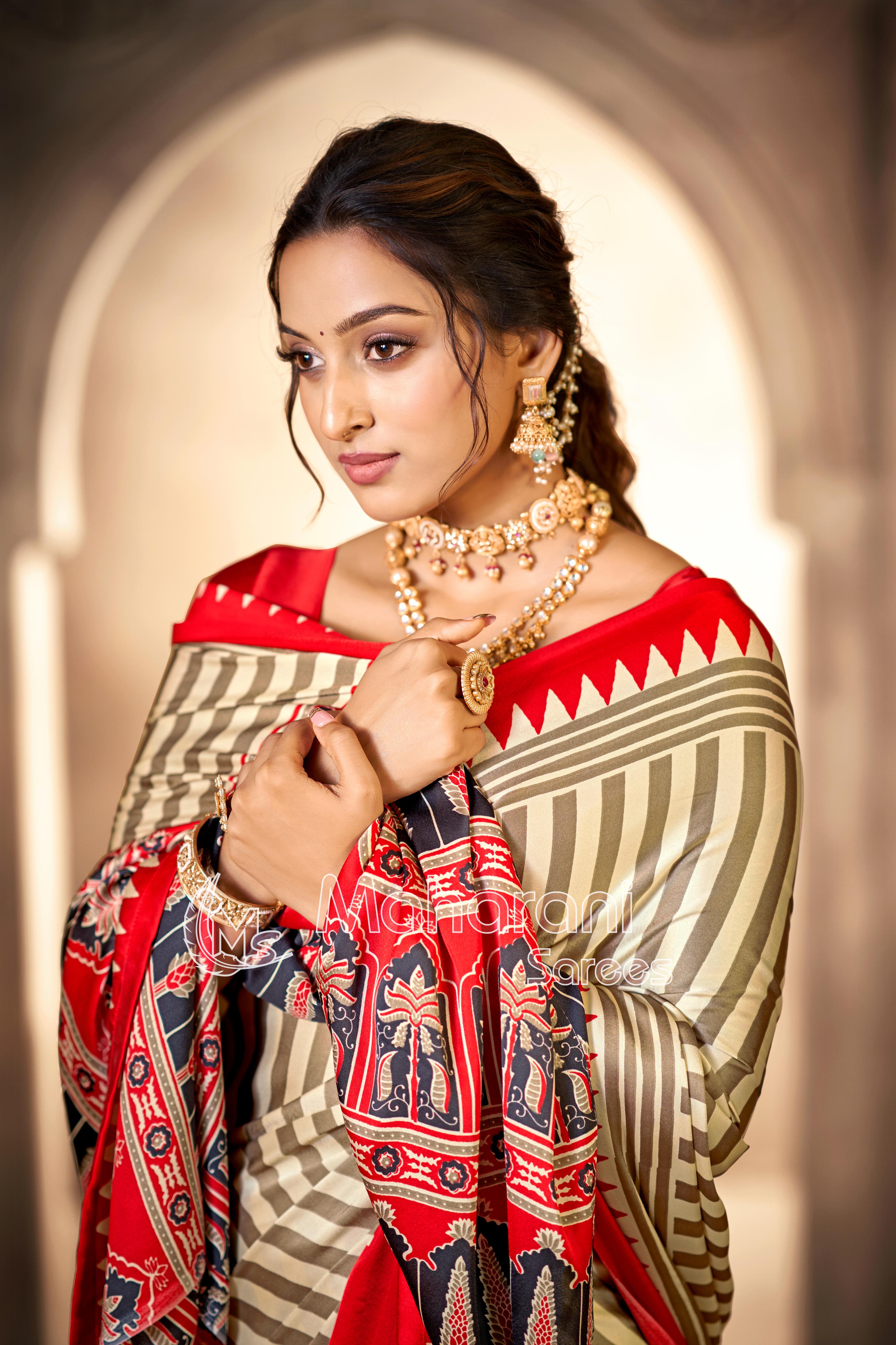 Cream With Red Border Ajrakh Hand-Printed Modal Silk Saree