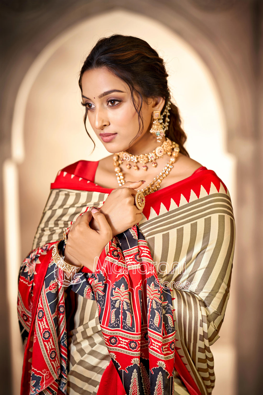 Cream With Red Border Ajrakh Hand-Printed Modal Silk Saree