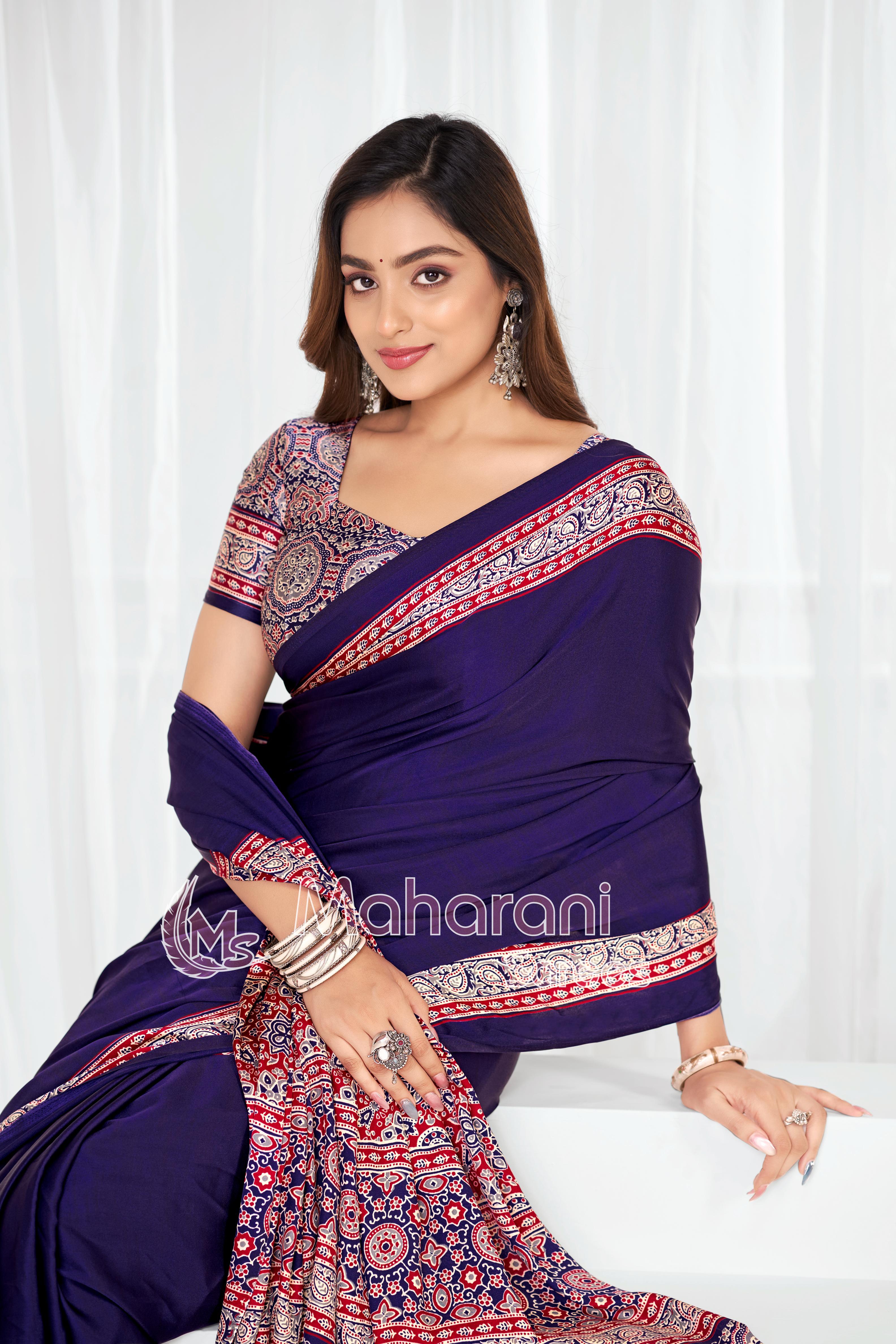 Blue Ajrakh Hand-Printed Modal Silk Saree With Blouse