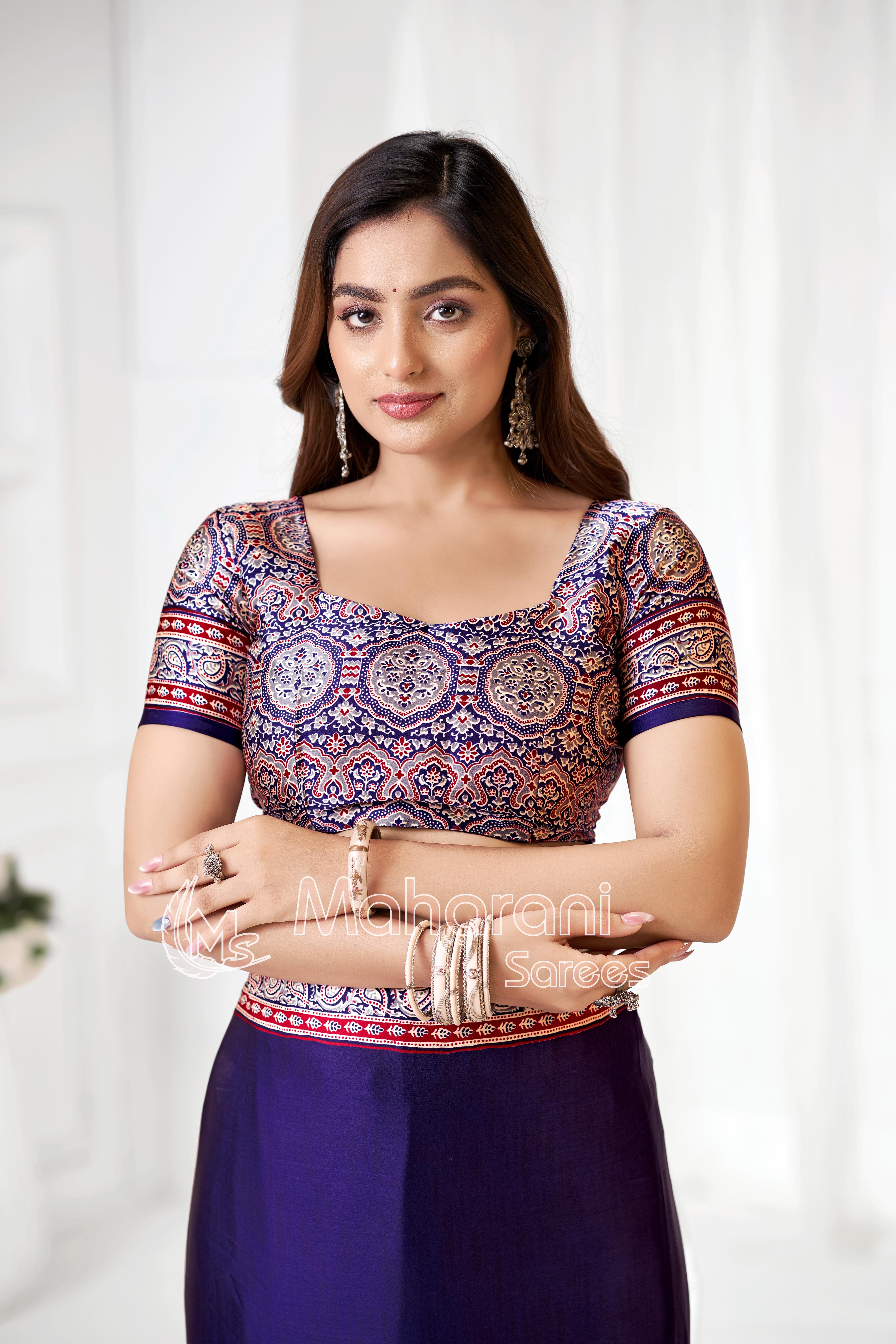 Blue Ajrakh Hand-Printed Modal Silk Saree With Blouse