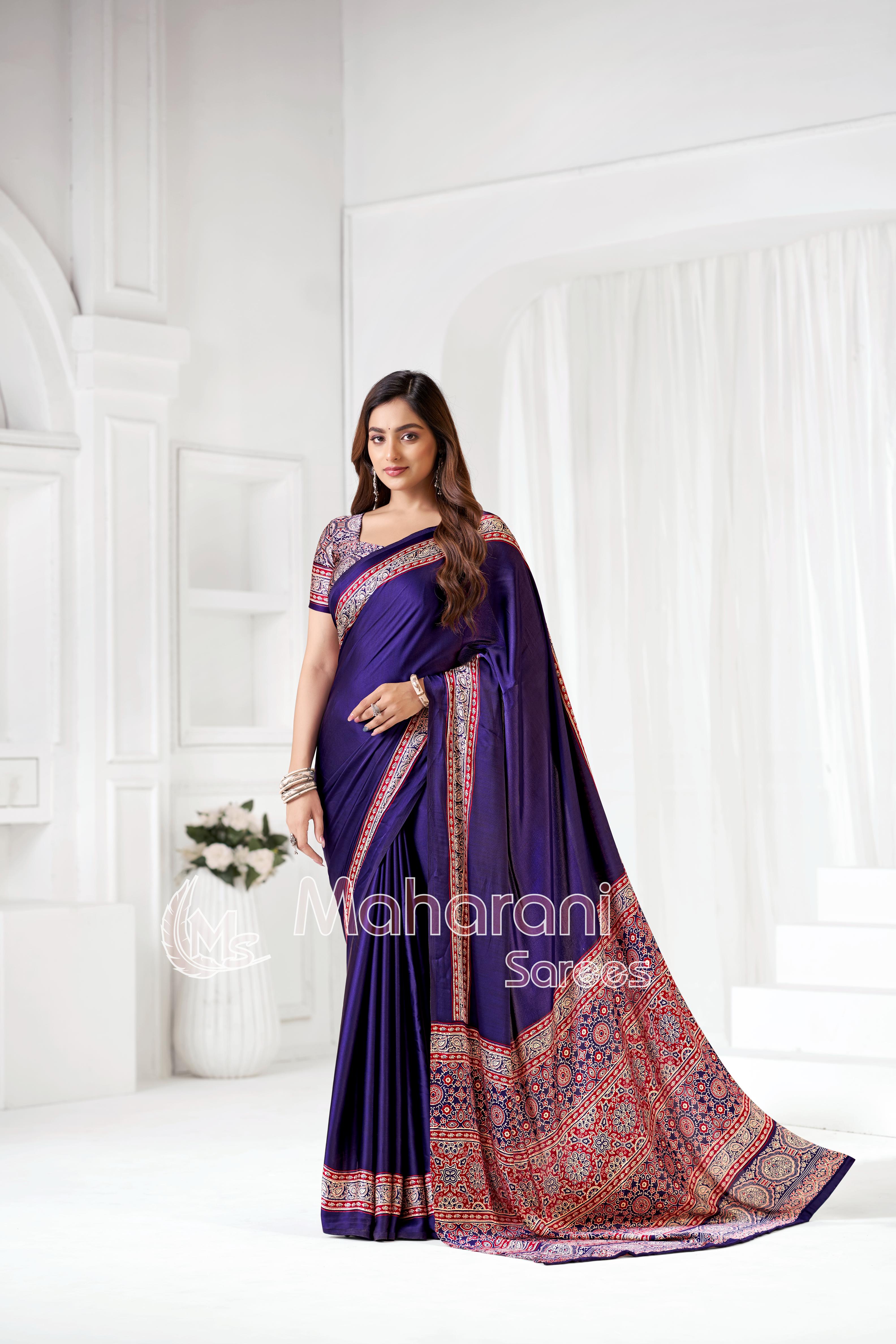 Blue Ajrakh Hand-Printed Modal Silk Saree With Blouse