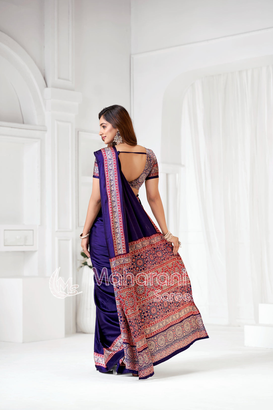 Blue Ajrakh Hand-Printed Modal Silk Saree With Blouse