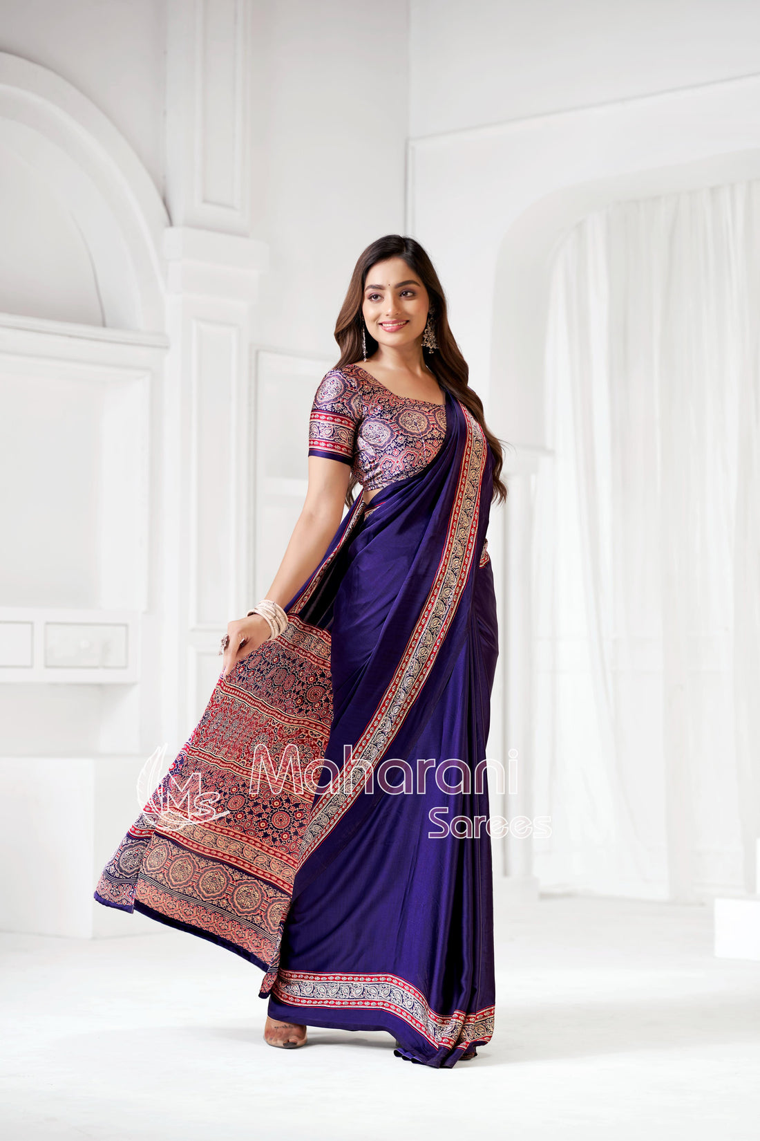 Blue Ajrakh Hand-Printed Modal Silk Saree With Blouse