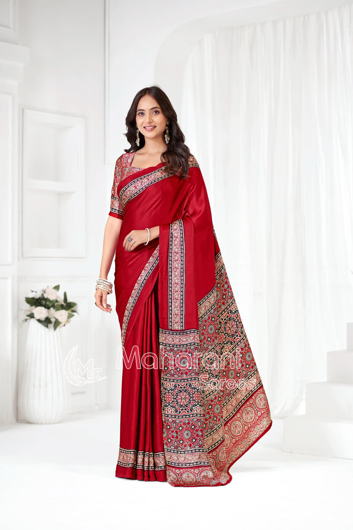 Maroon Ajrakh Hand-Printed Modal Silk Saree With Blouse